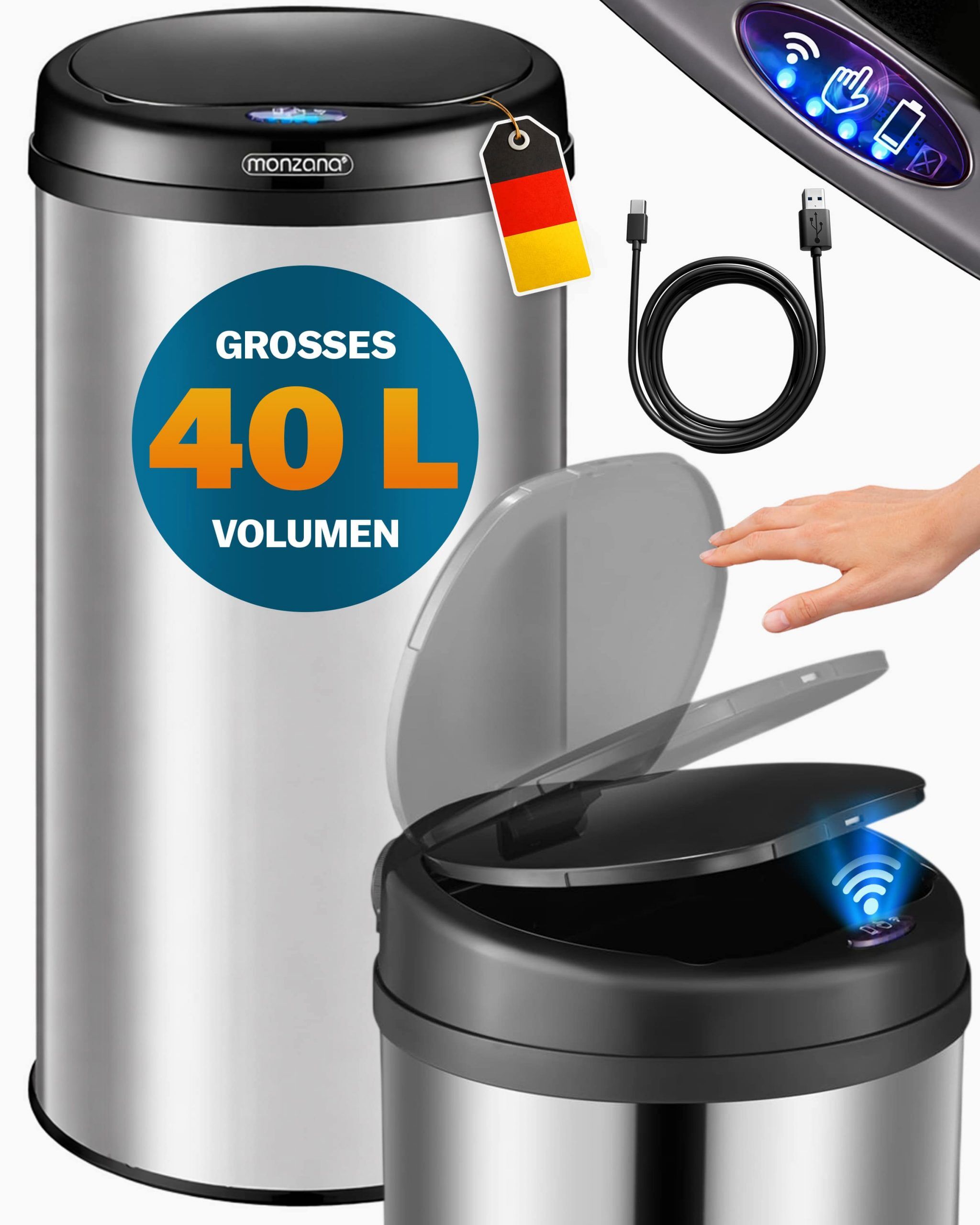 Sensor Mülleimer Silber Edelstahl 40L
