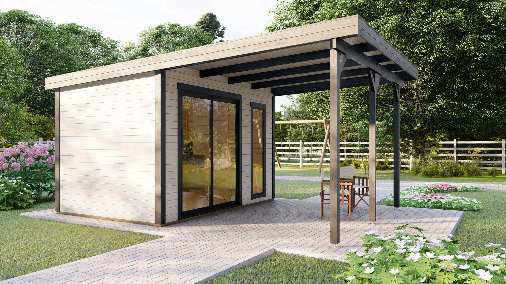 Flachdach Holz Gartenhaus Sydney 53 mit Schiebetür und Terrasse