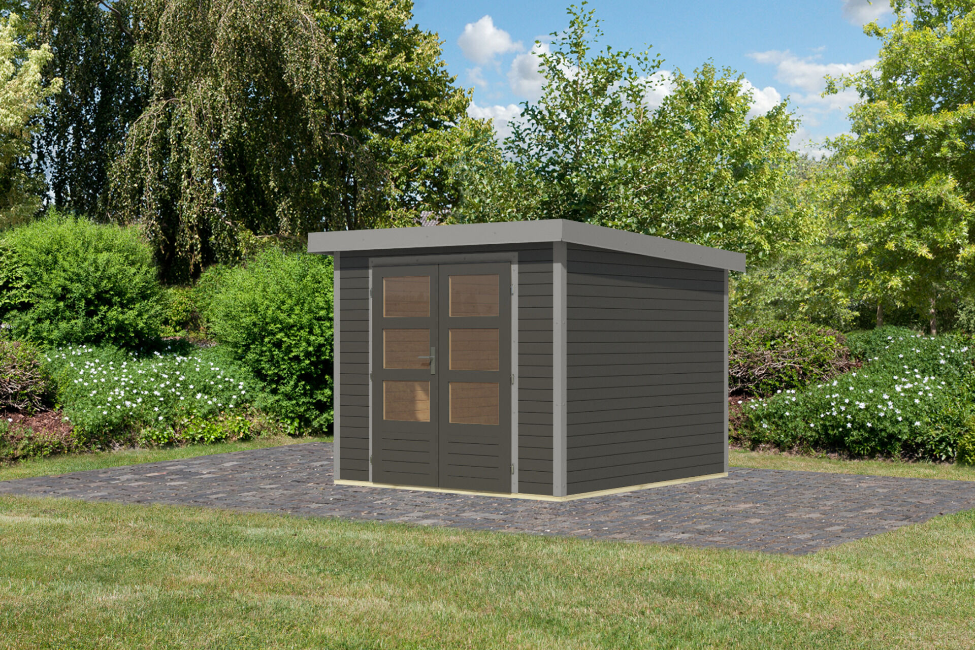 Karibu Pultdach Holz & Metall Gartenhaus Jupiter 3,5, naturbelassen / graualuminium