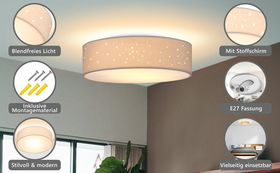 Deckenlampe Weiß Stoff Ø30cm Sternenhimmel