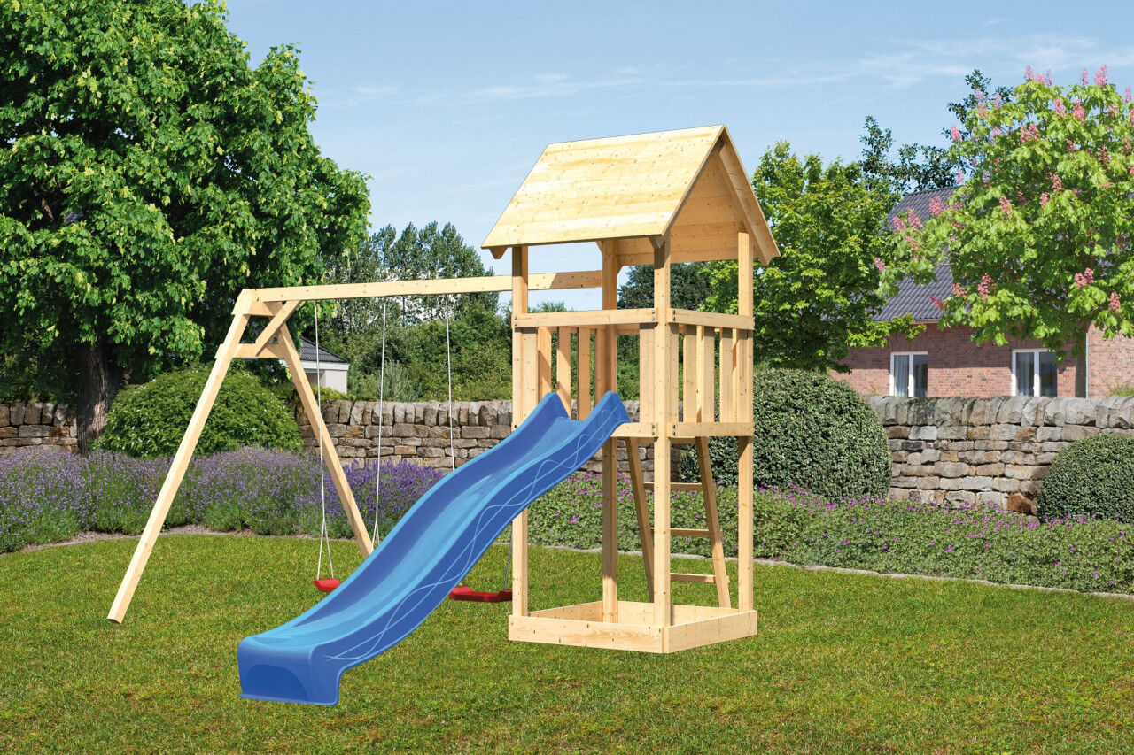 Kinderspielturm Lotti Satteldach SET natur mit Doppelschaukel ECO und Rutsche blau
