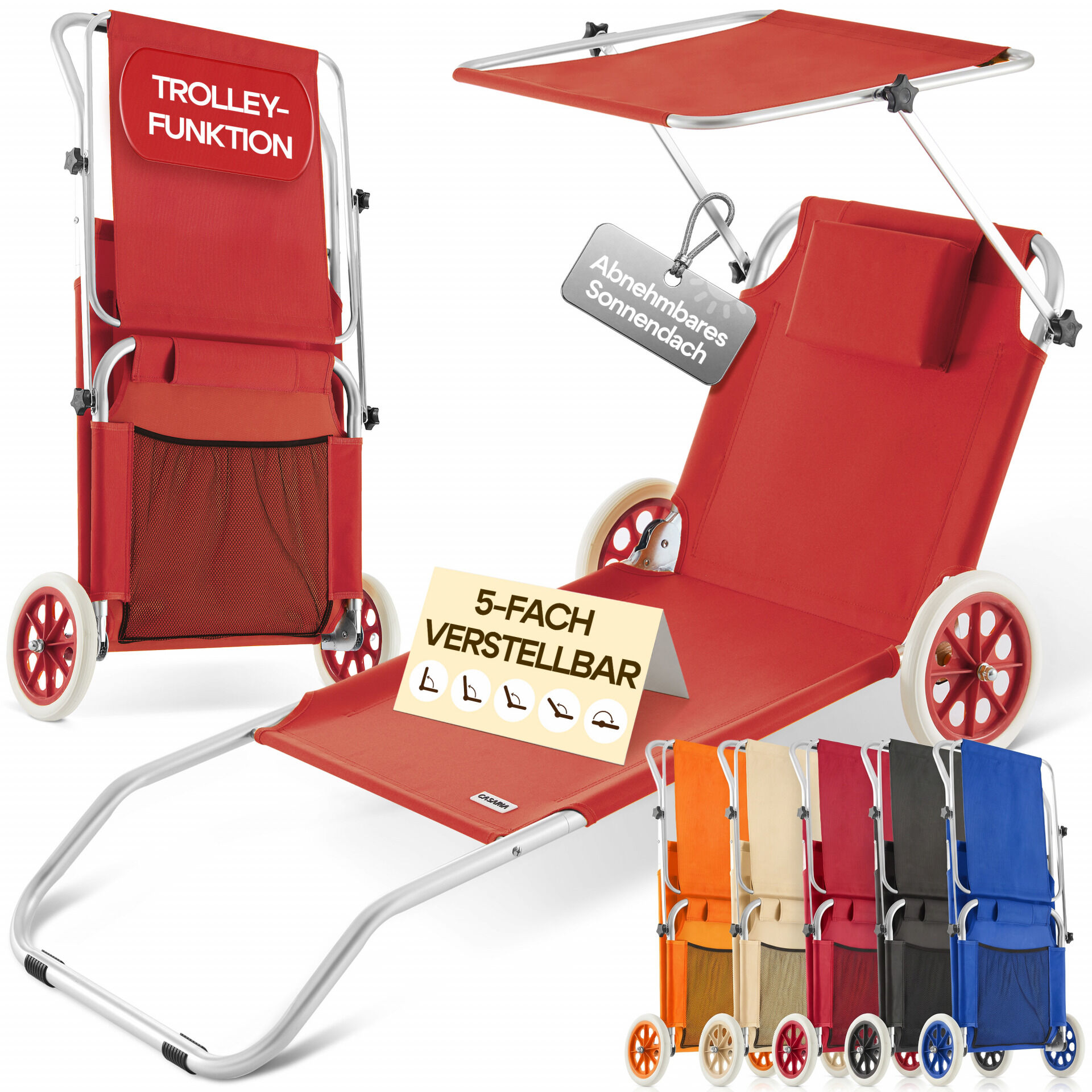 Gartenliege Kreta Rot Alu mit Rollen