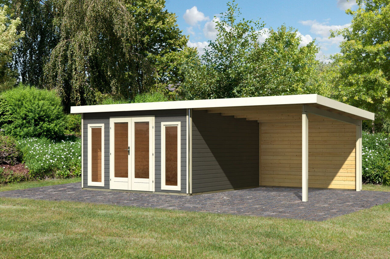 Karibu Pultdach Gartenhaus Radeburg 3 SET terragrau mit Anbaudach, Rückwand terragrau