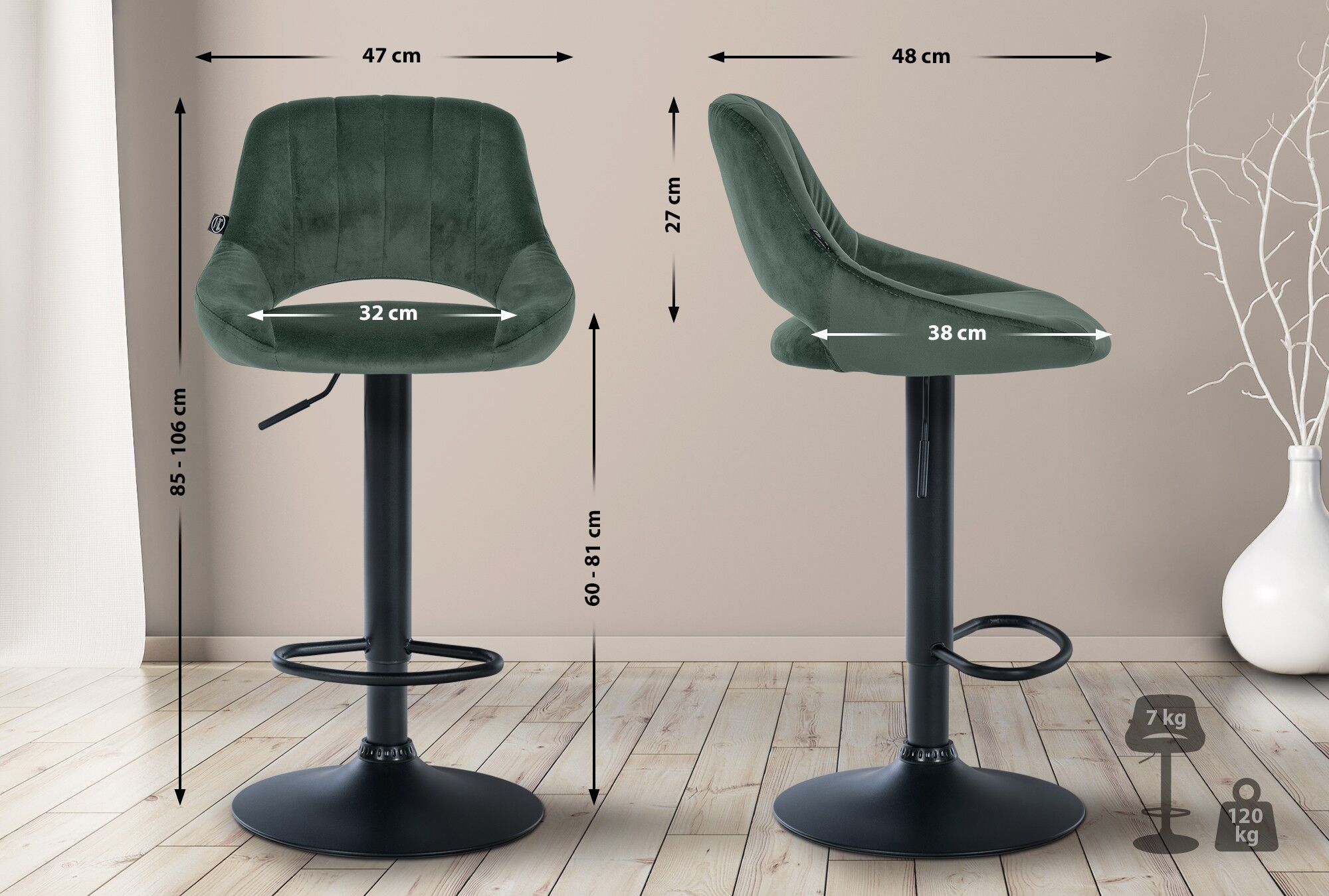 2er Set Barhocker Milet Samt B, grün
