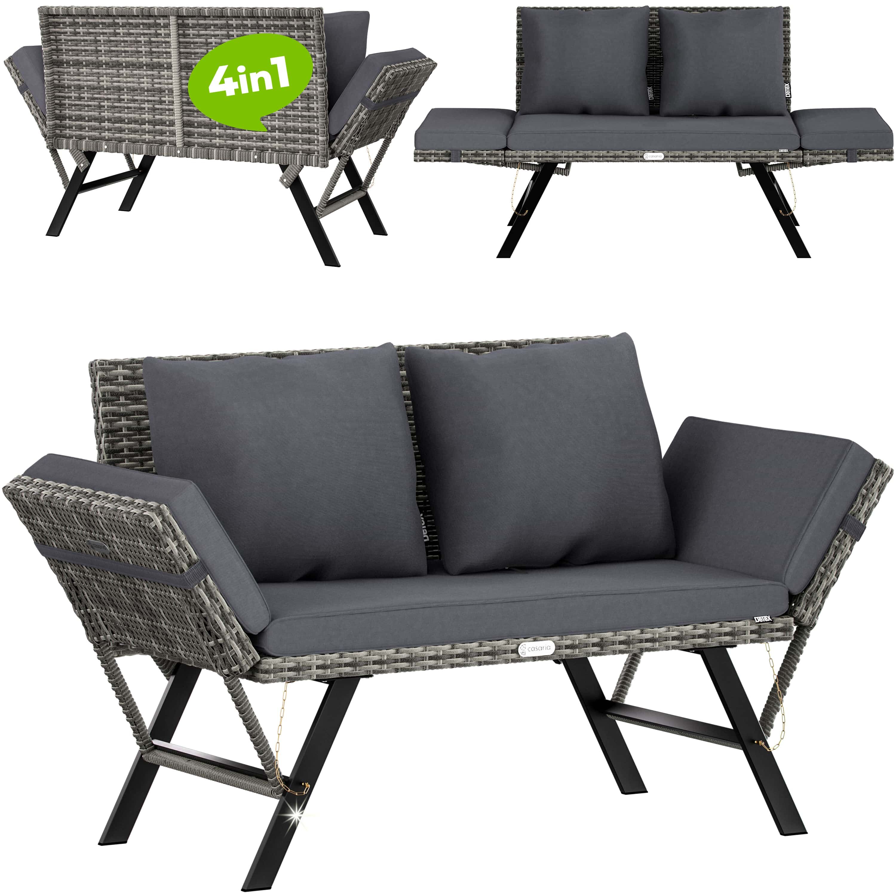 Gartenbank 2in1 Sonnenliege Polyrattan Grau mit 5-7cm Auflage 3 Sitzer