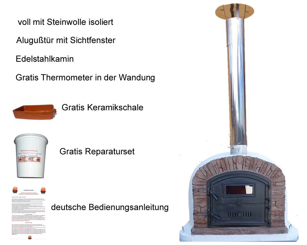 Pizzaofen Ventura AL 120 inkl. Kaminrohr und Regenhut aus Edelstahl, rot, ohne Abdeckhaube, ohne Ofenzubehör, ohne Zubehörset, ohne Grillzubehör, ohne fahrbares Gestell