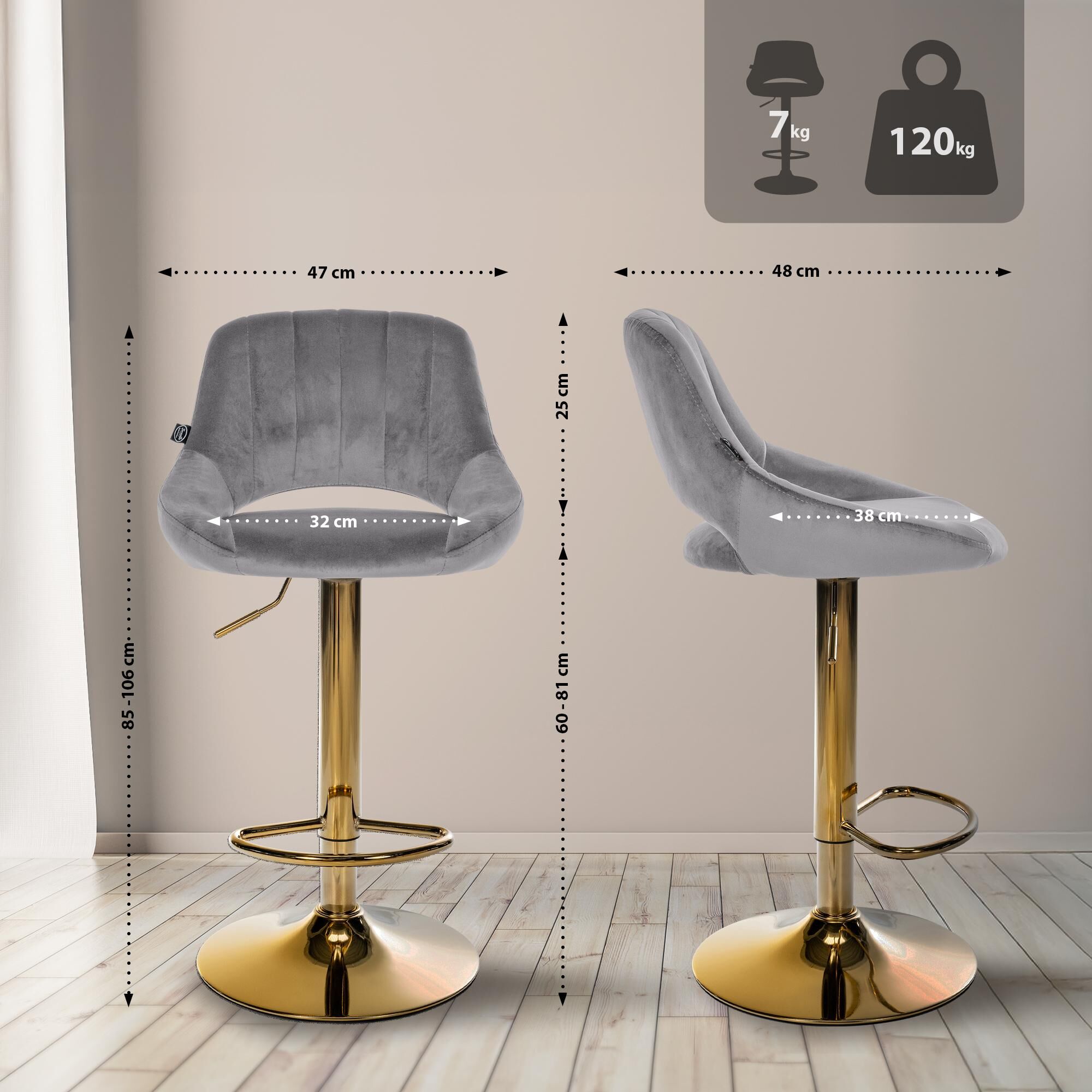 Barhocker Milet Samt gold, dunkelgrau