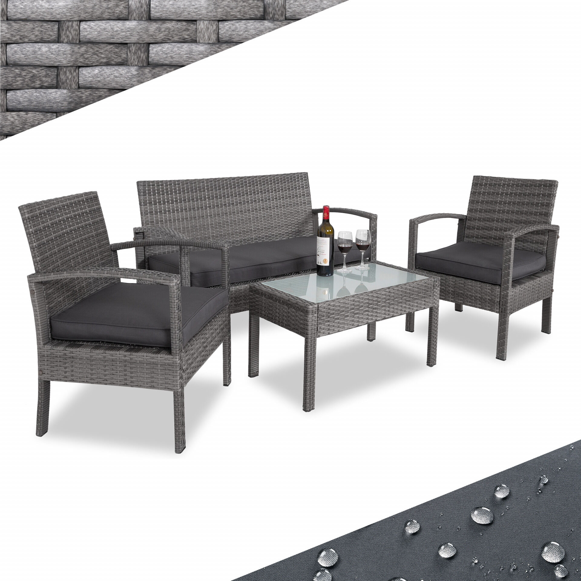 Polyrattan Garten-Sitzgruppe 4-tlg Grau/Anthrazit