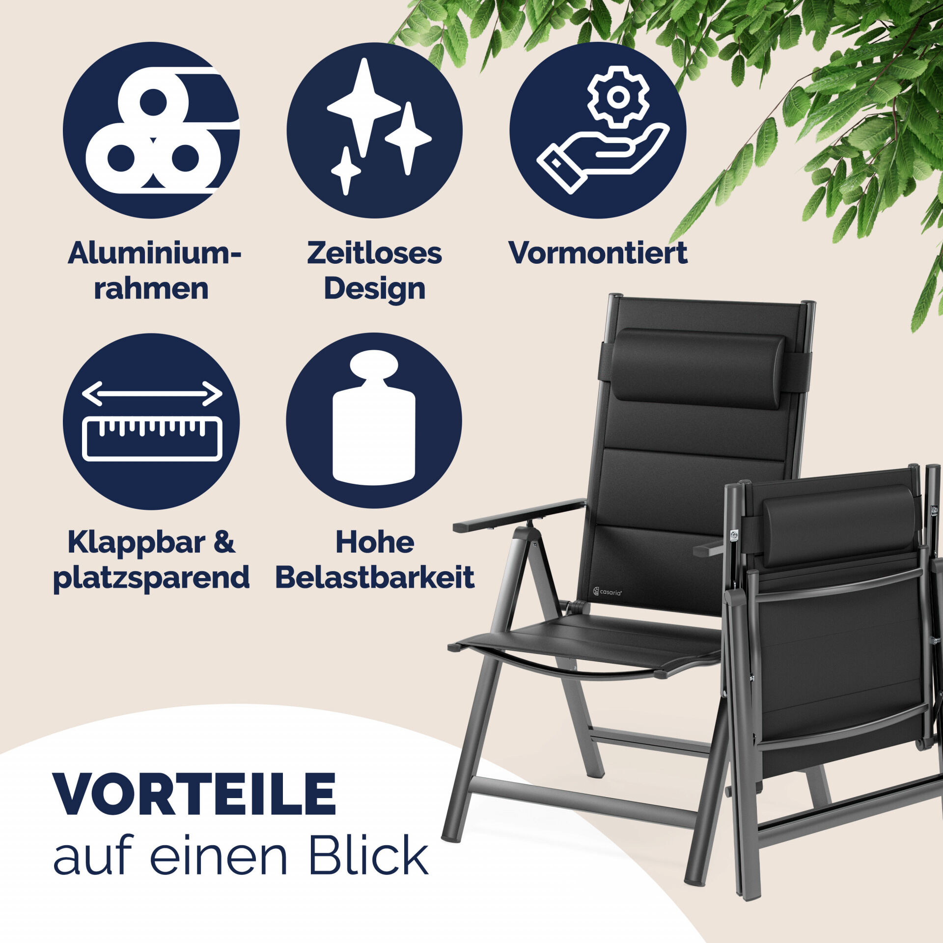 Gartenstuhl Hochlehner klappbar Bern Premium 2er-Set Anthrazit Alu gepolstert + verstellbar