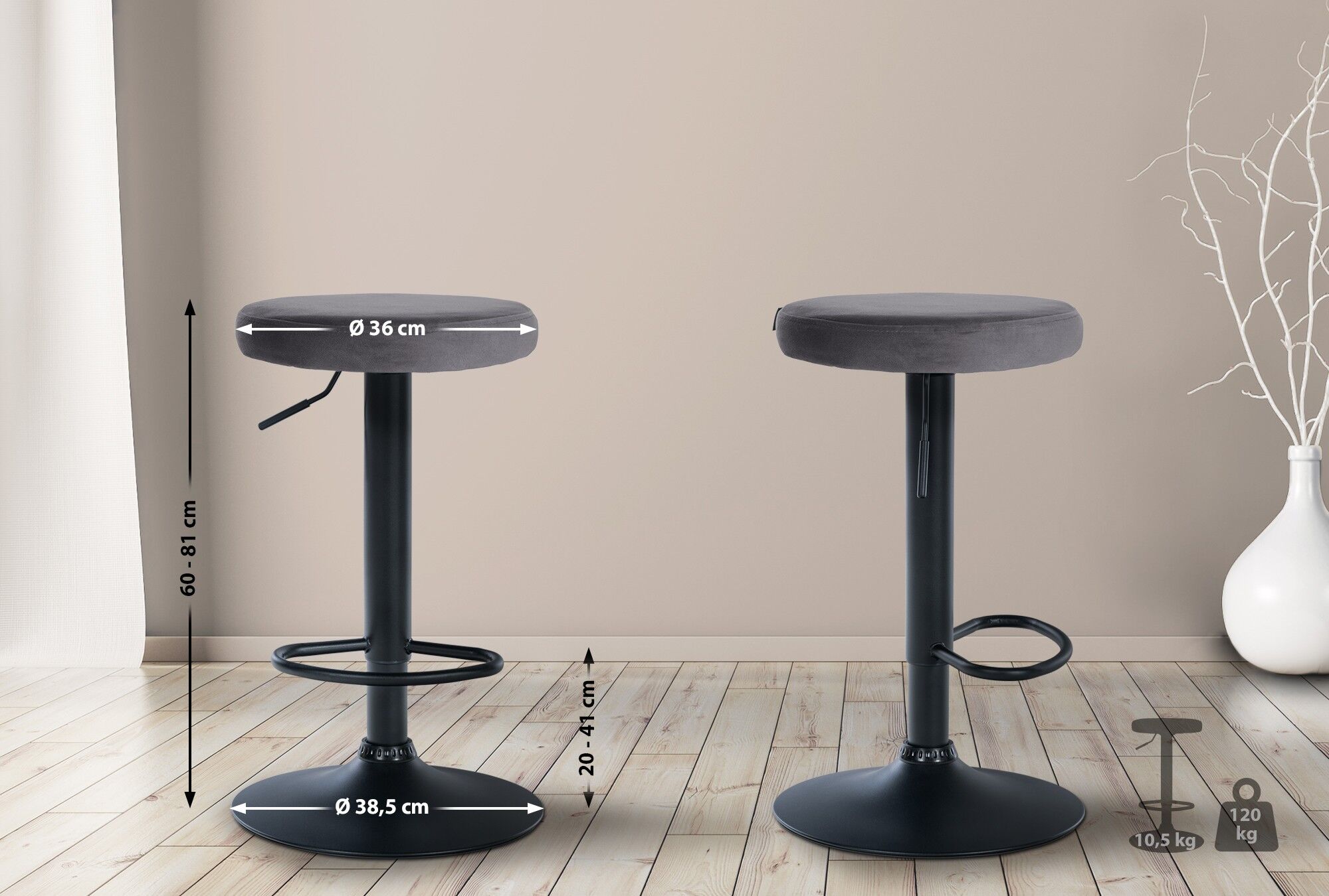 2er Set Barhocker Ponte Samt schwarz, dunkelgrau