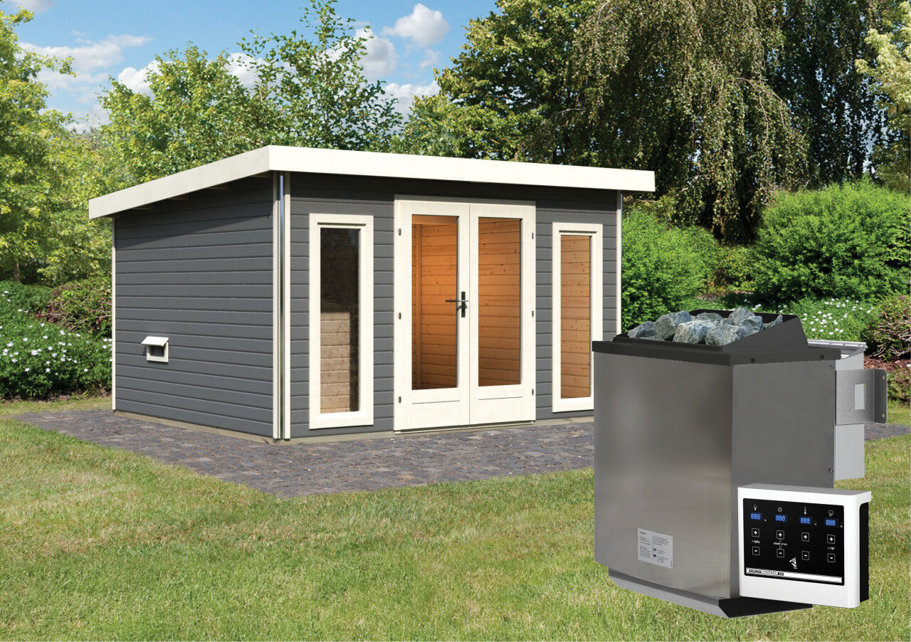 Saunahaus Mainburg 2 SET A terragrau mit Ofen 9 kW Bio ext. Strg.