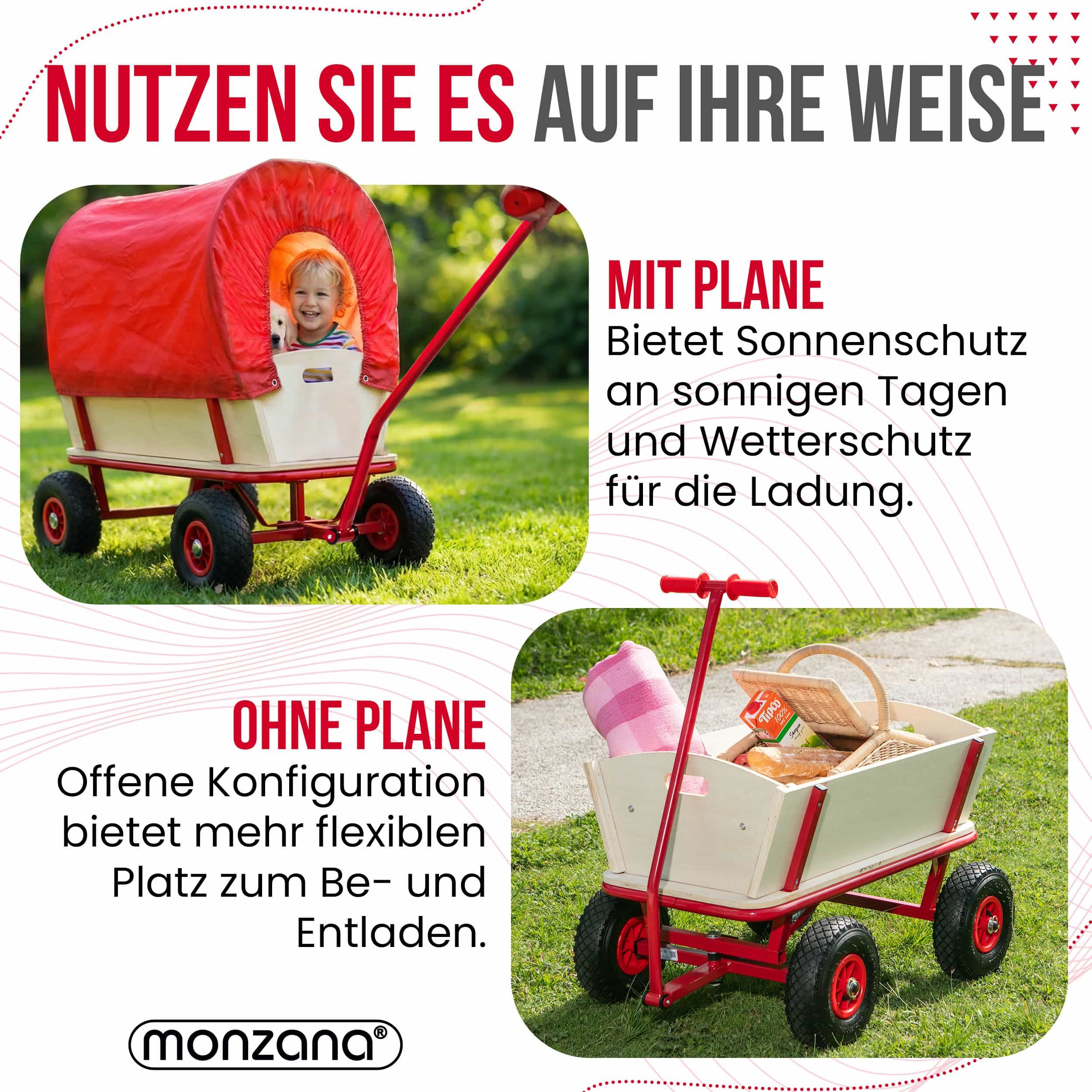 Bollerwagen Braun/Rot Holz 168x99x61cm mit Schutzdach