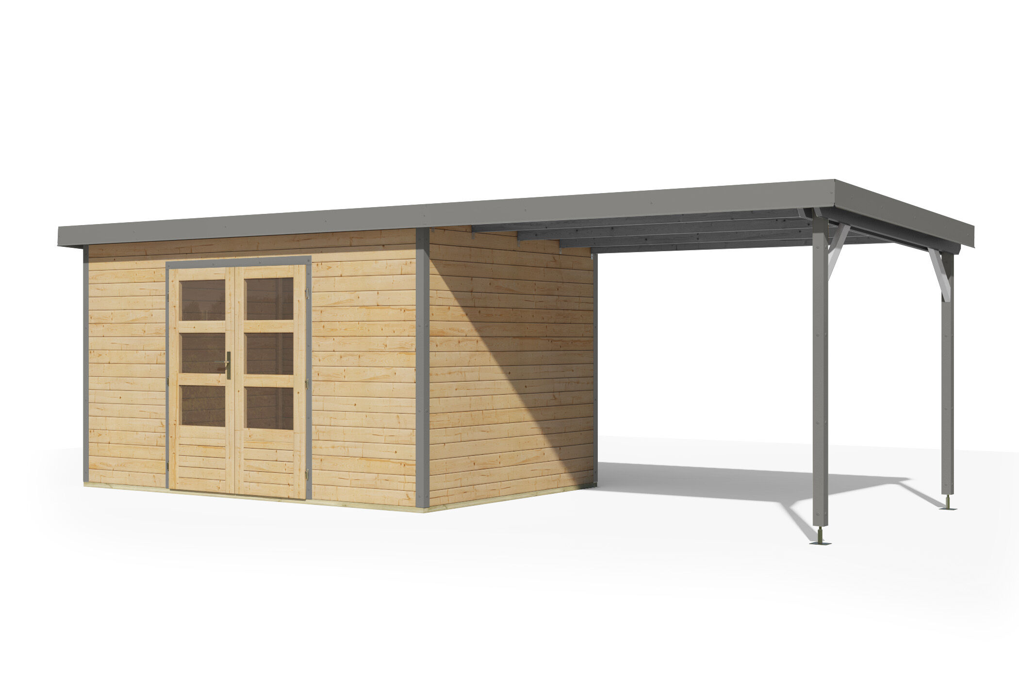 Karibu Pultdach Holz & Metall Gartenhaus Pluto 7 Set mit Anbaudach 3,07 m, naturbelassen / graualuminium