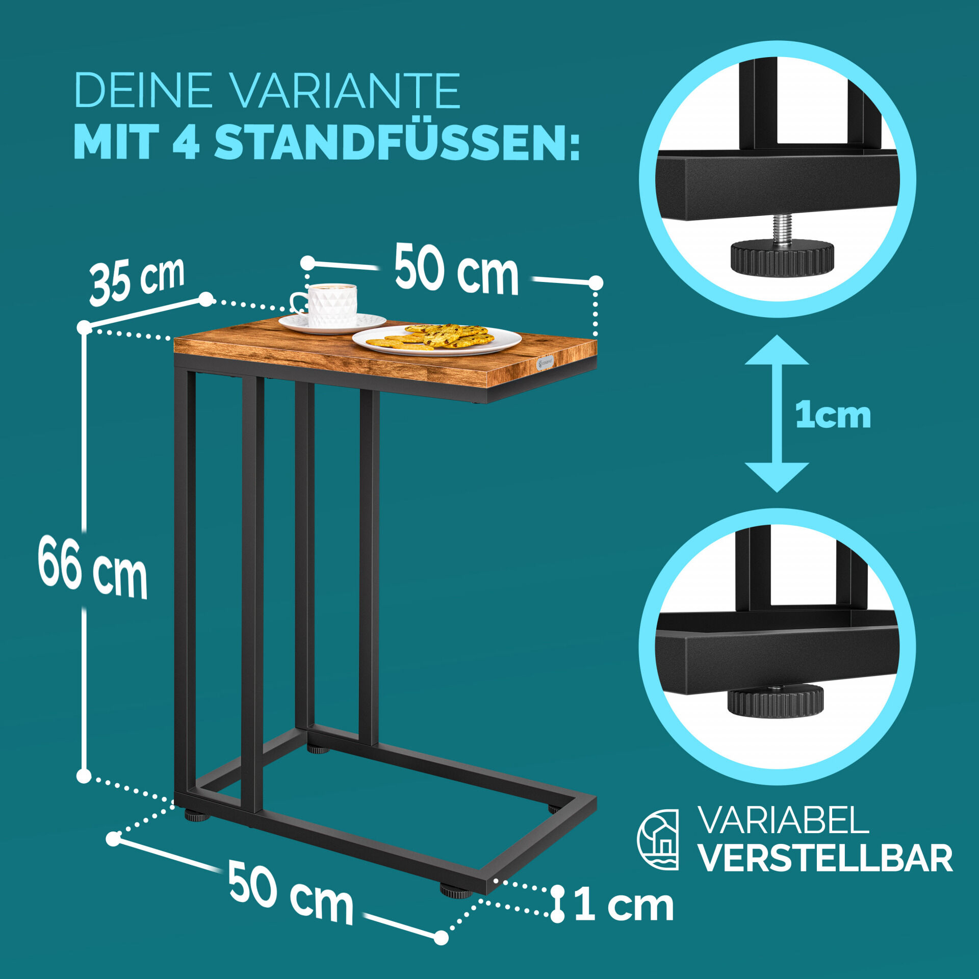 Beistelltisch Schwarz unterfahrbar 50x35x65/70cm mobil Rollen mit Bremse