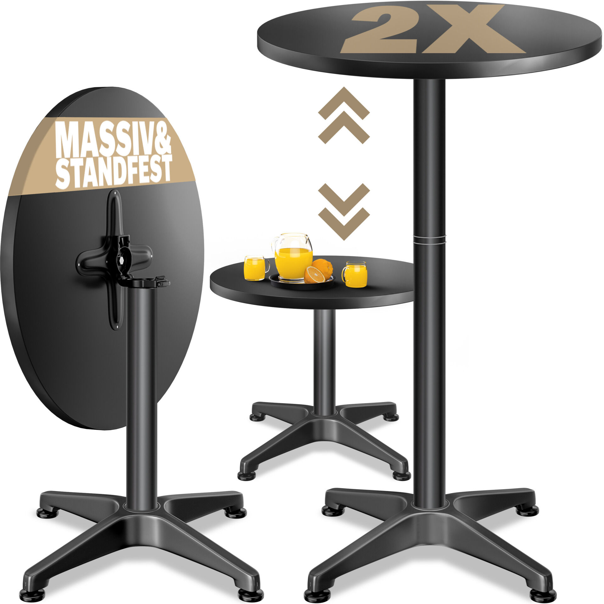 Stehtisch 2er-Set Ø60cm höhenverstellbar 70/115cm klappbar Alu Schwarz