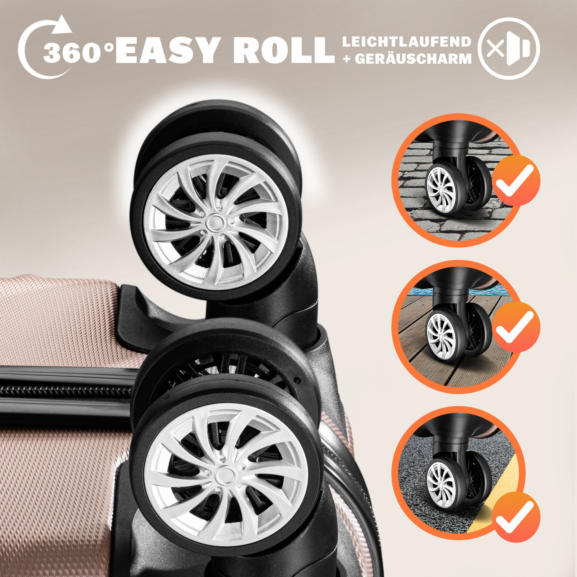 Hartschalenkoffer Set 4-tlg mit Zubehör Rollen 360º Rosé ABS