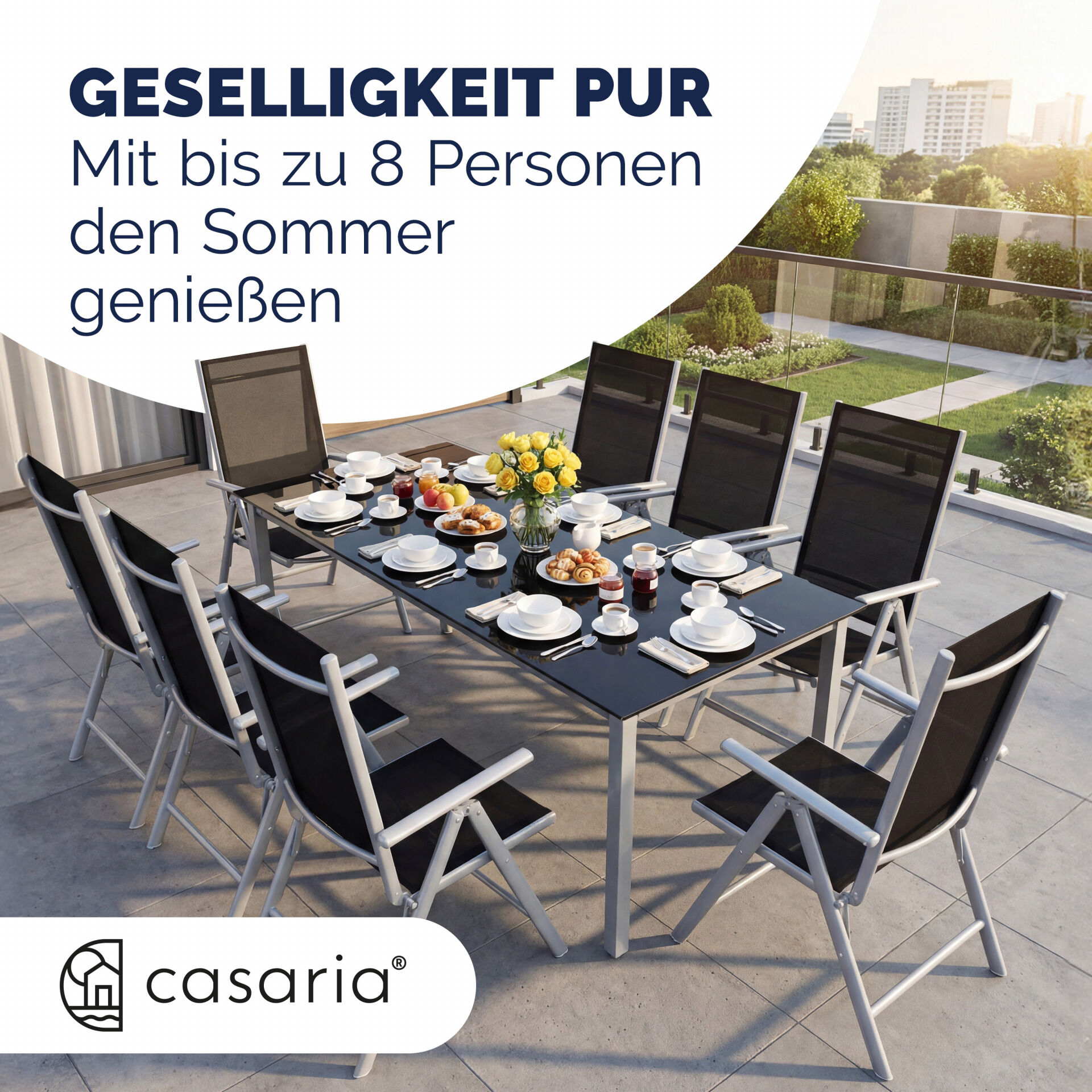 Gartensitzgruppe Bern 9-tlg 8 Personen Silber Alu Schwarz Glas