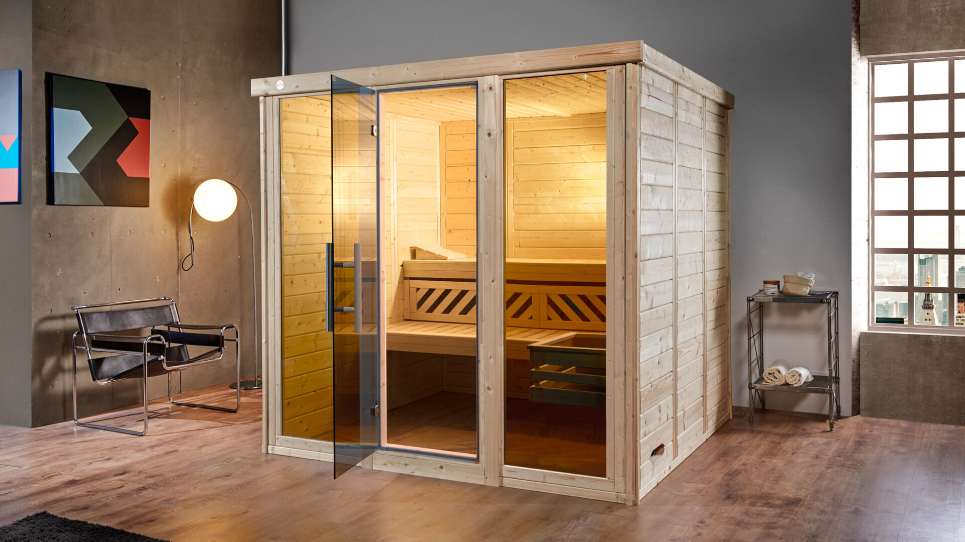 weka Design-Sauna KEMI PANORAMA 3 inkl. 7,5 kW OS-Ofenset