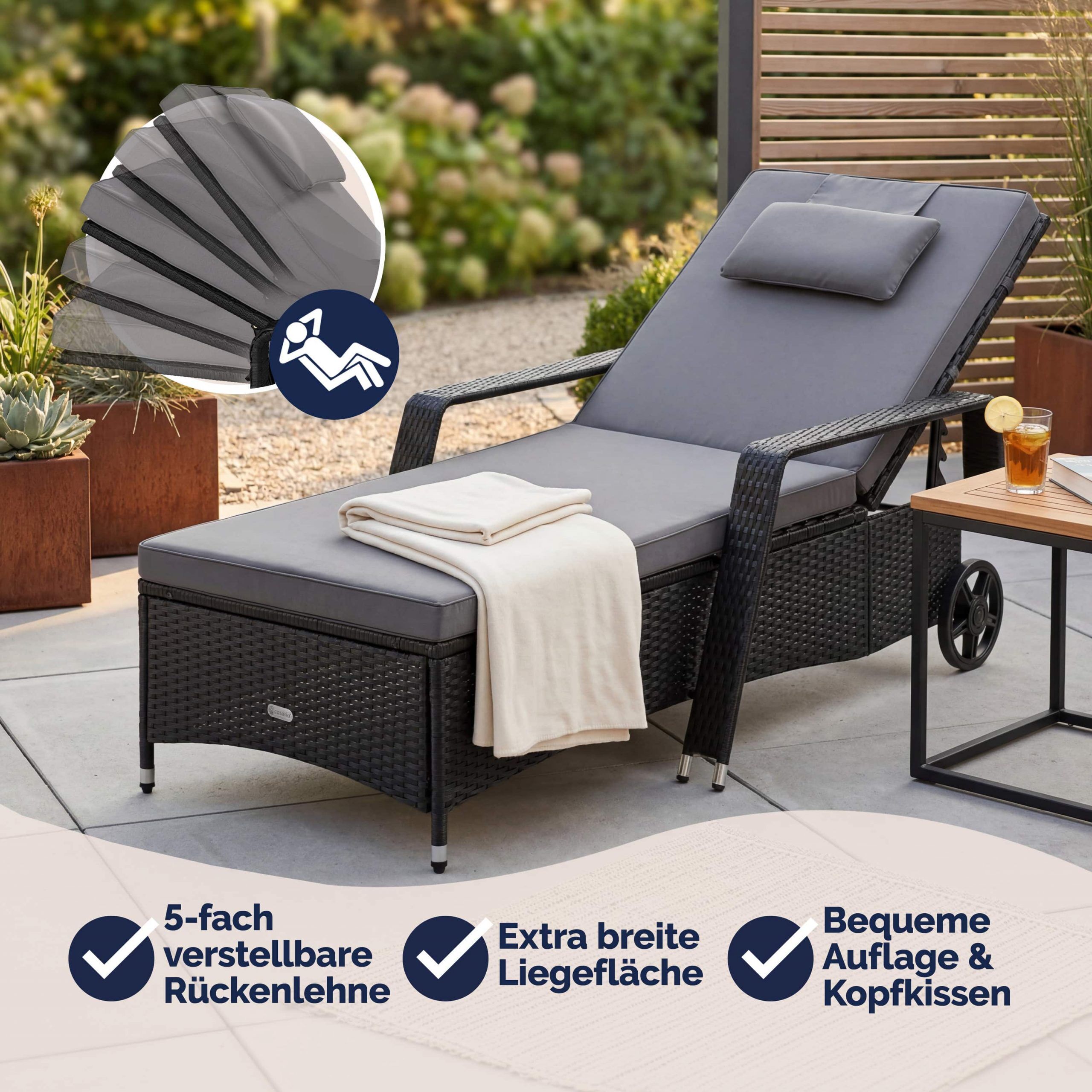 Polyrattan Gartenliege Schwarz/Anthrazit 193x90x43cm