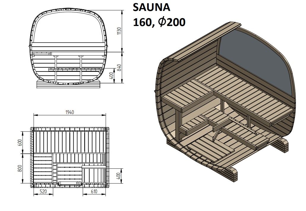 Zeichnung Finn Art Fasssauna Quadro 160 Standard mit Halbglas Rückwand