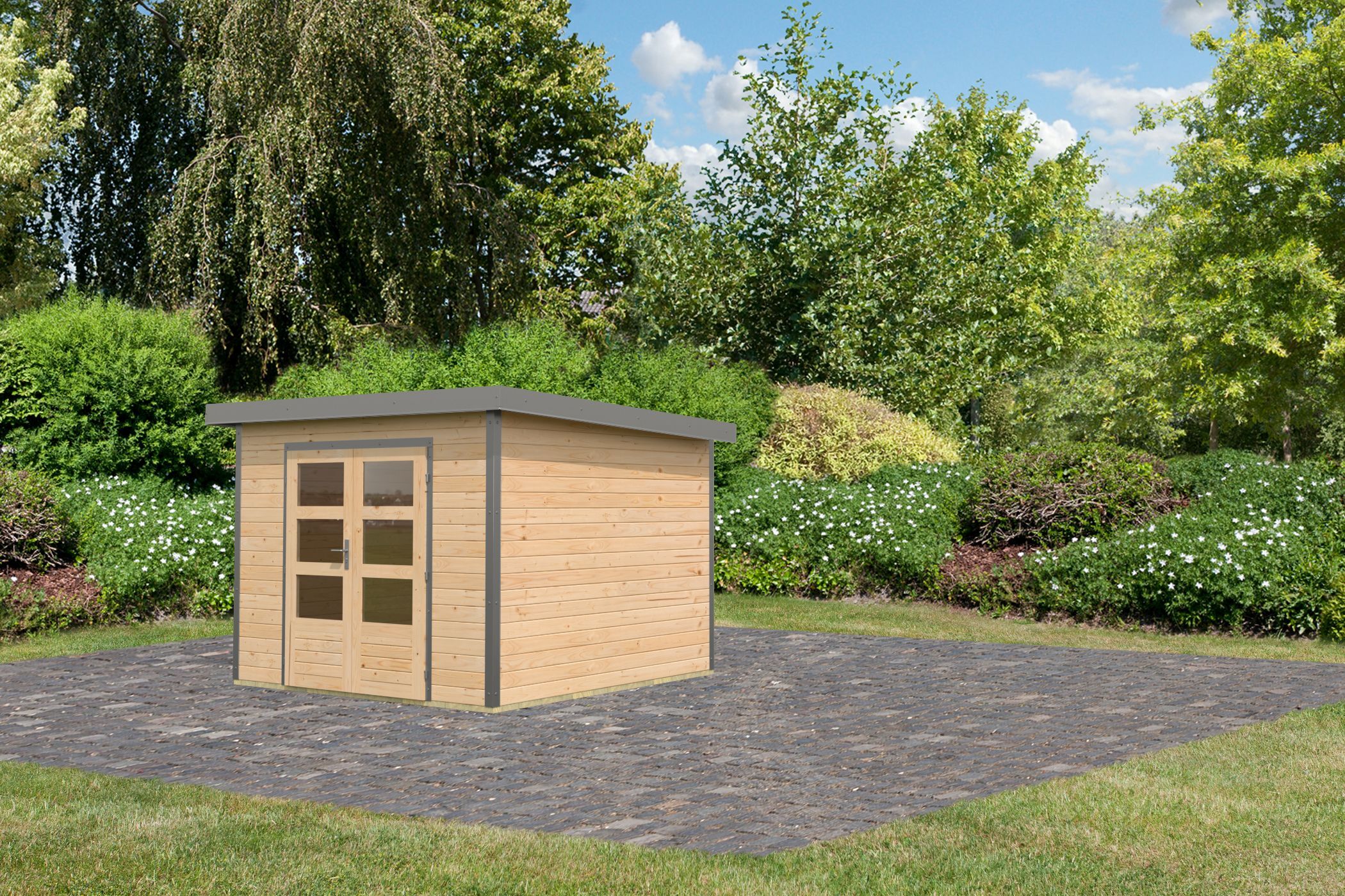 Karibu Pultdach Holz & Metall Gartenhaus Pluto 6, naturbelassen / graualuminium
