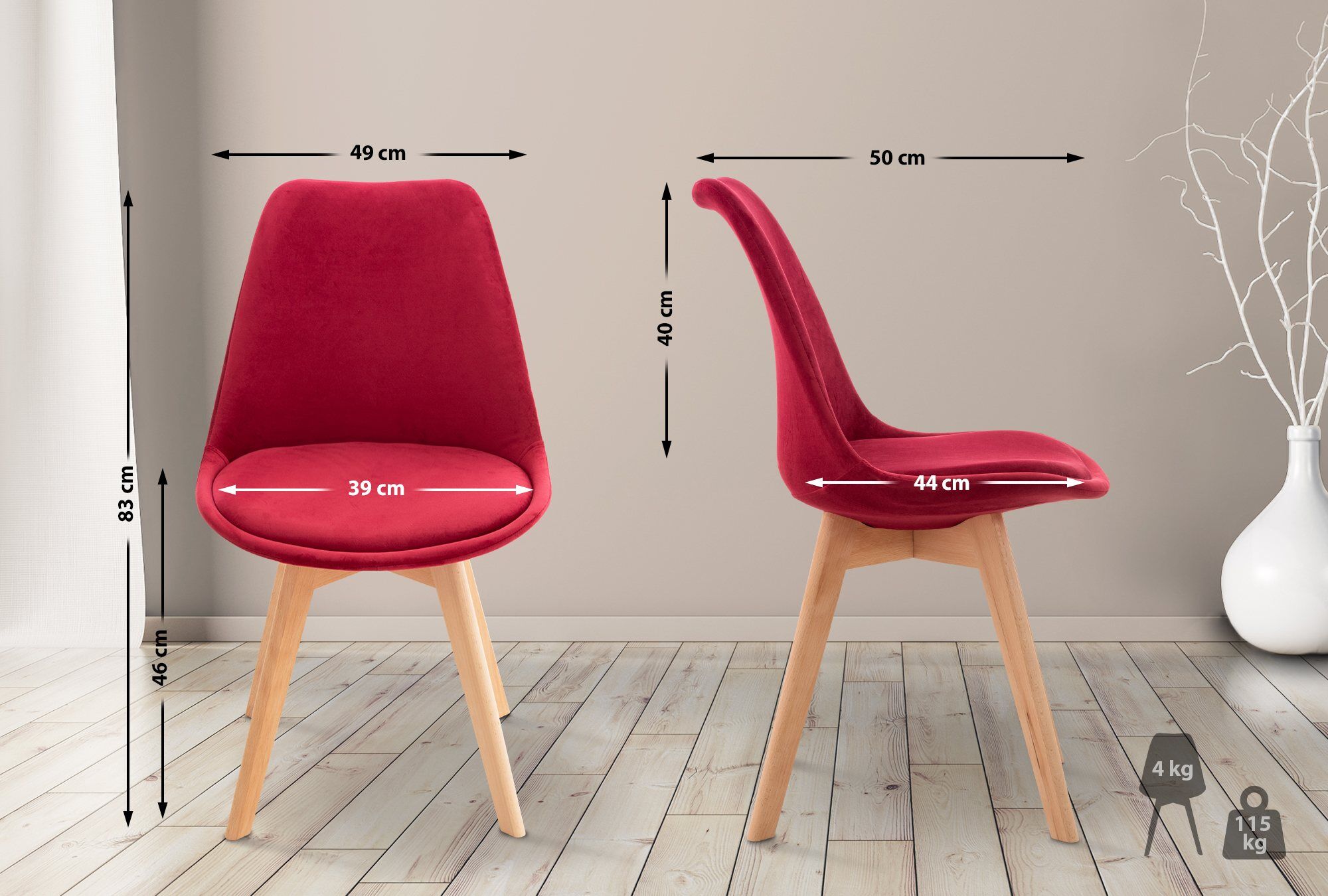 4er Set Stuhl Linares Samt, rot