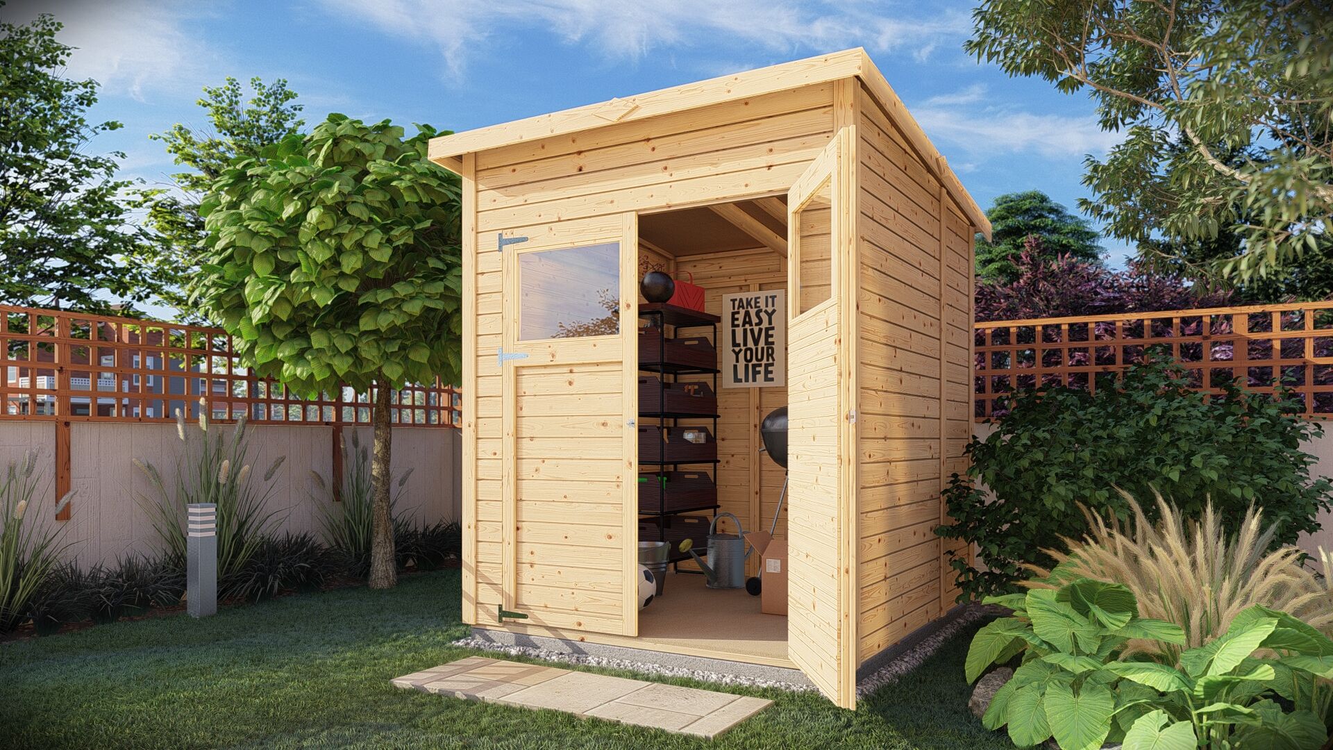 Gartenhaus Amrum 2 naturbelassen mit einer geöffneten Tür im Garten