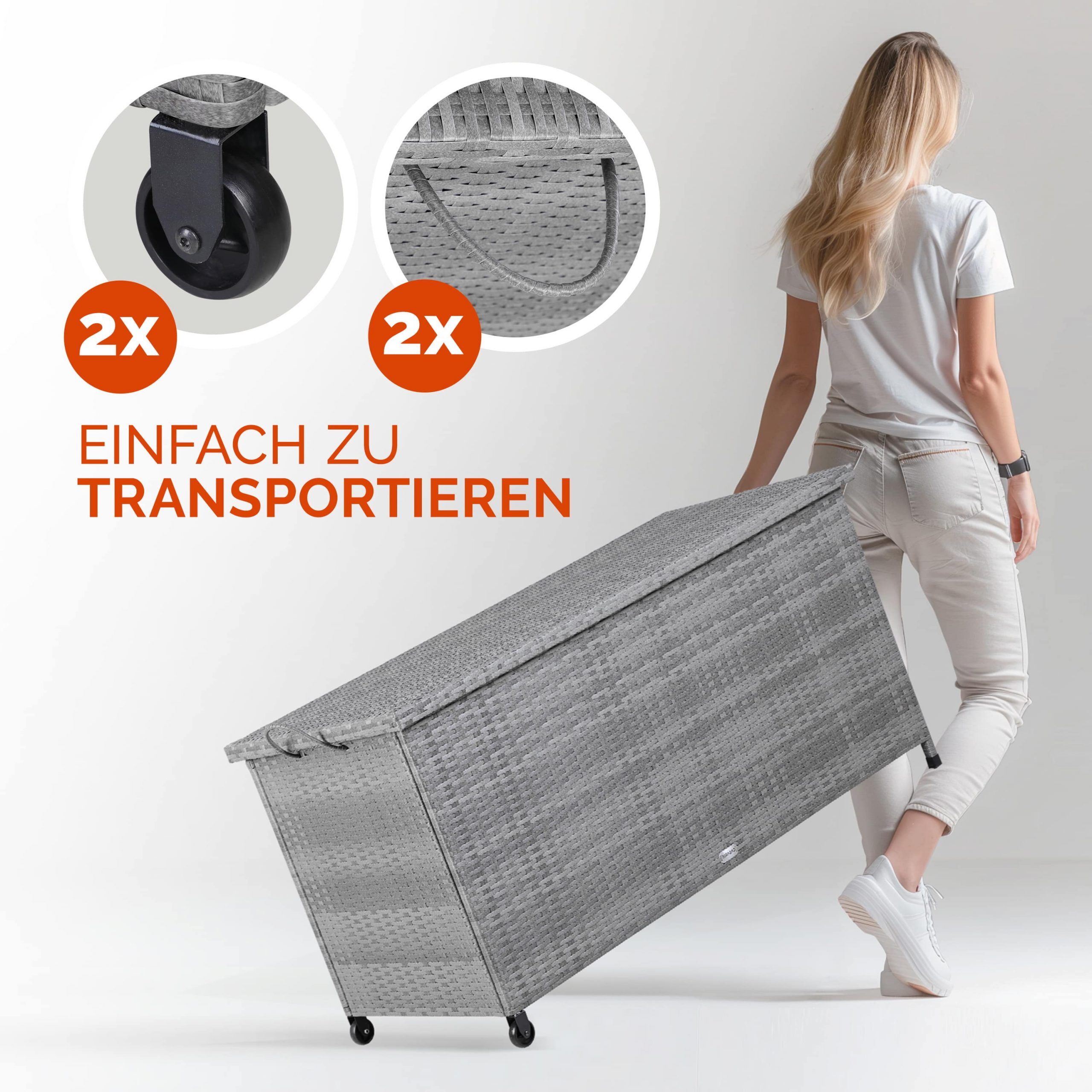 Gartenbox Polyrattan Grau 117x53x60cm mit Griffen + Rollen