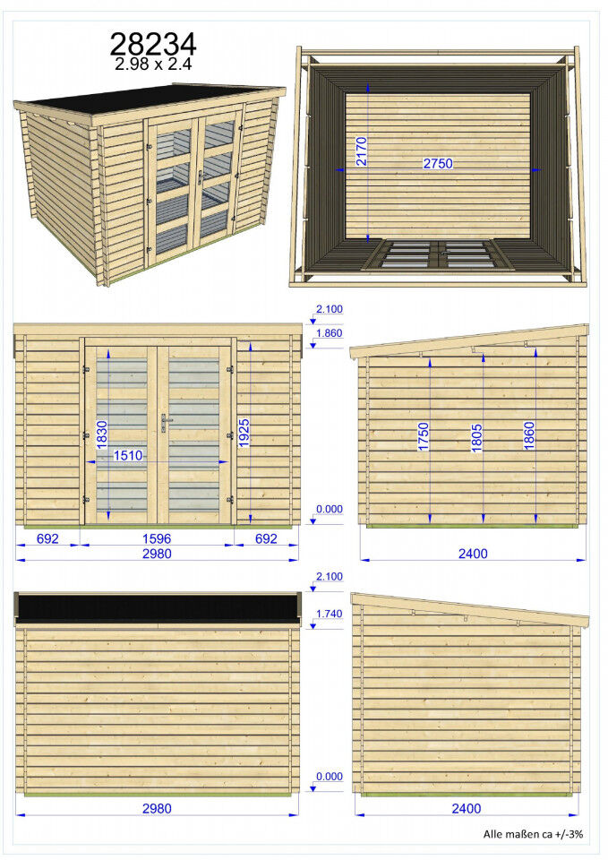 Gartenhaus Flachdach 3x2,4 Funny 1