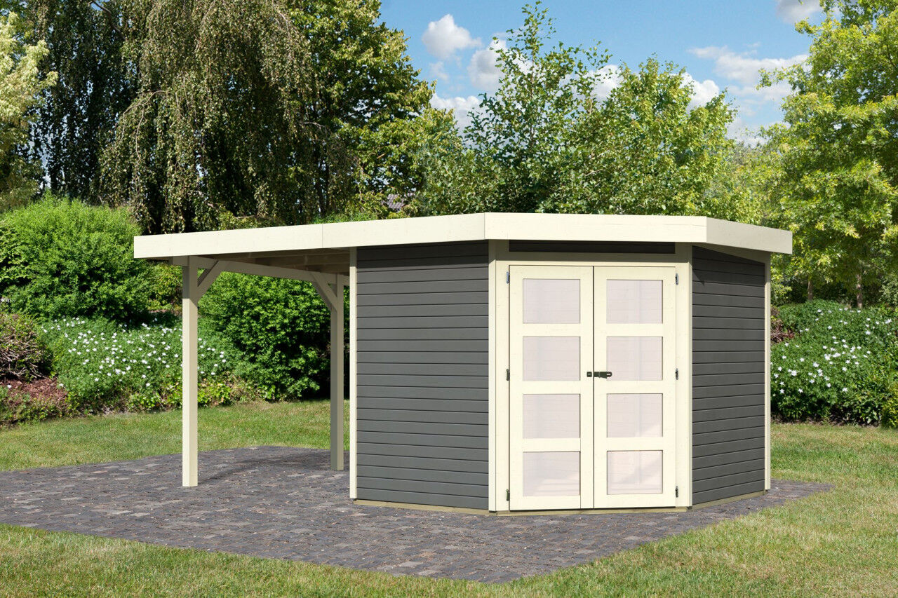 Karibu Flachdach Gartenhaus Goldendorf 5 im Set mit Anbaudach 2,40 m terragrau