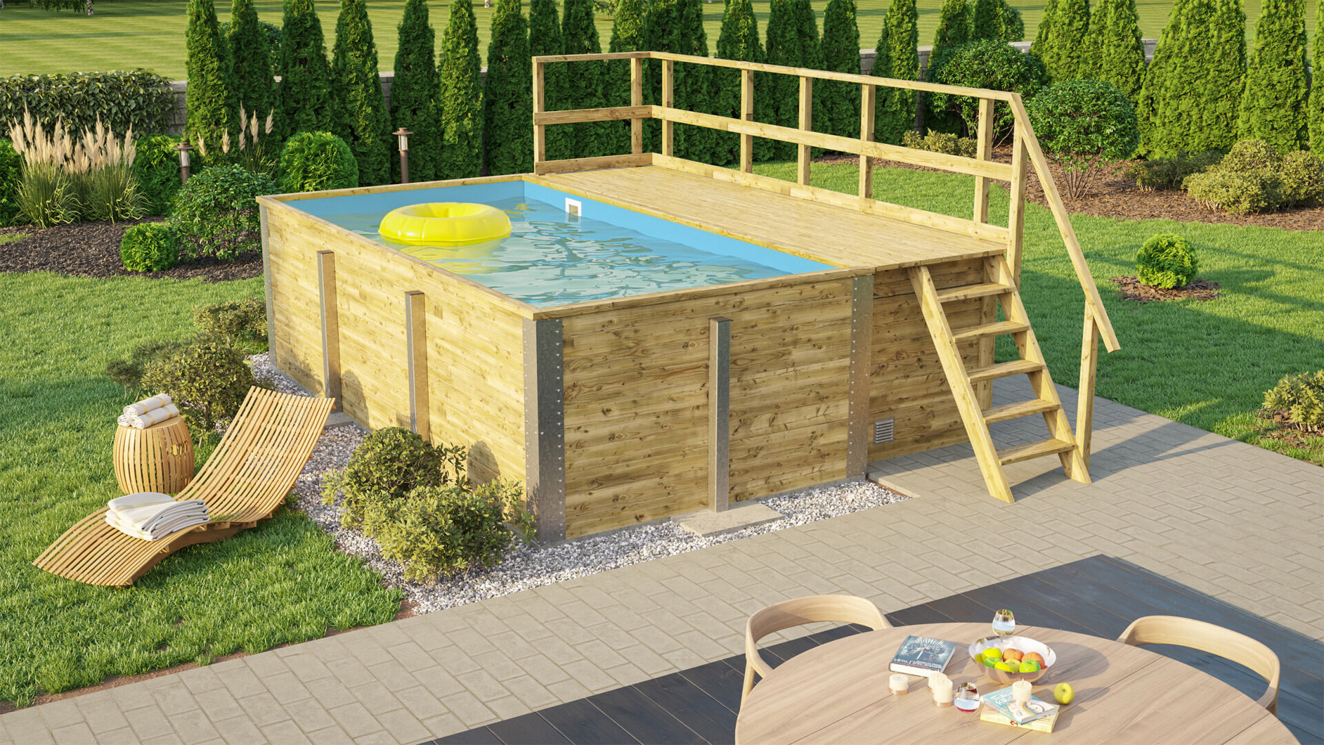 weka Massivholzpool 595 Gr. 1, Folie Blau, inkl. Technikraum/Sonnendeck und Sandfilteranlage, 6 Metallstützen