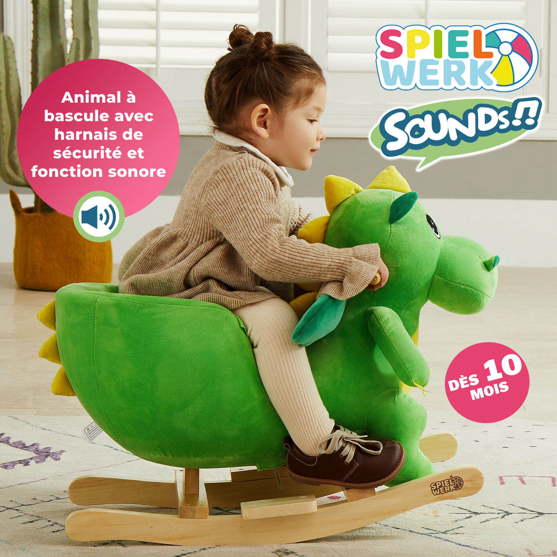 Schaukeltier Dino Grün mit Sicherheitsgurt