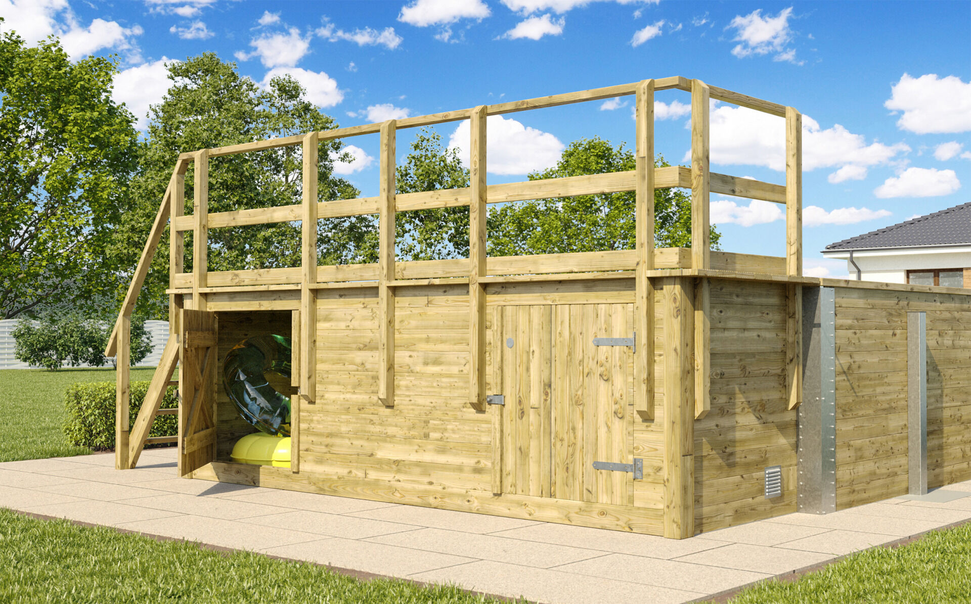 weka Massivholzpool 595 Gr. 2, Folie Sand, inkl. Technikraum/Sonnendeck und Sandfilteranlage, 10 Metallstützen