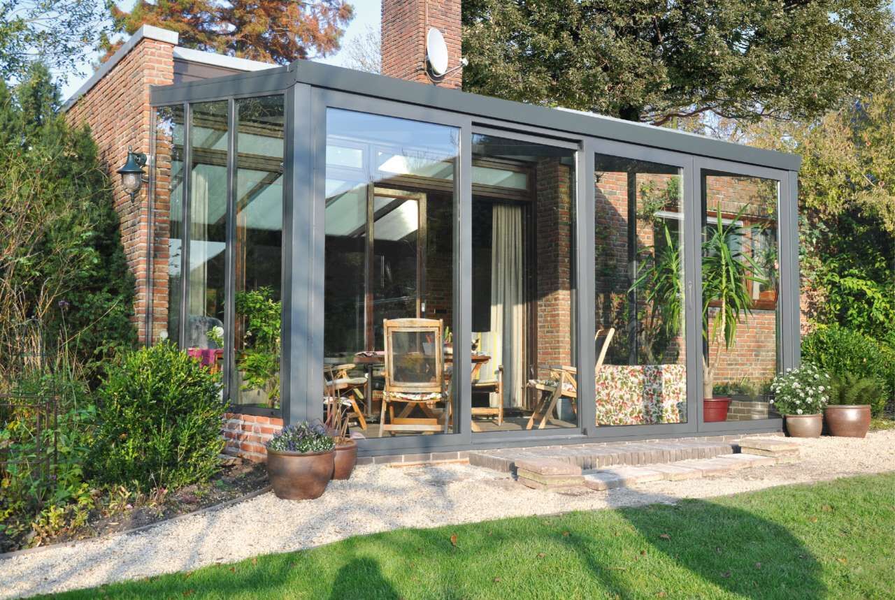 Gartenzimmer Easy mit Schiebetür und Polycarbonat Dacheindeckung, 400, 250, grau