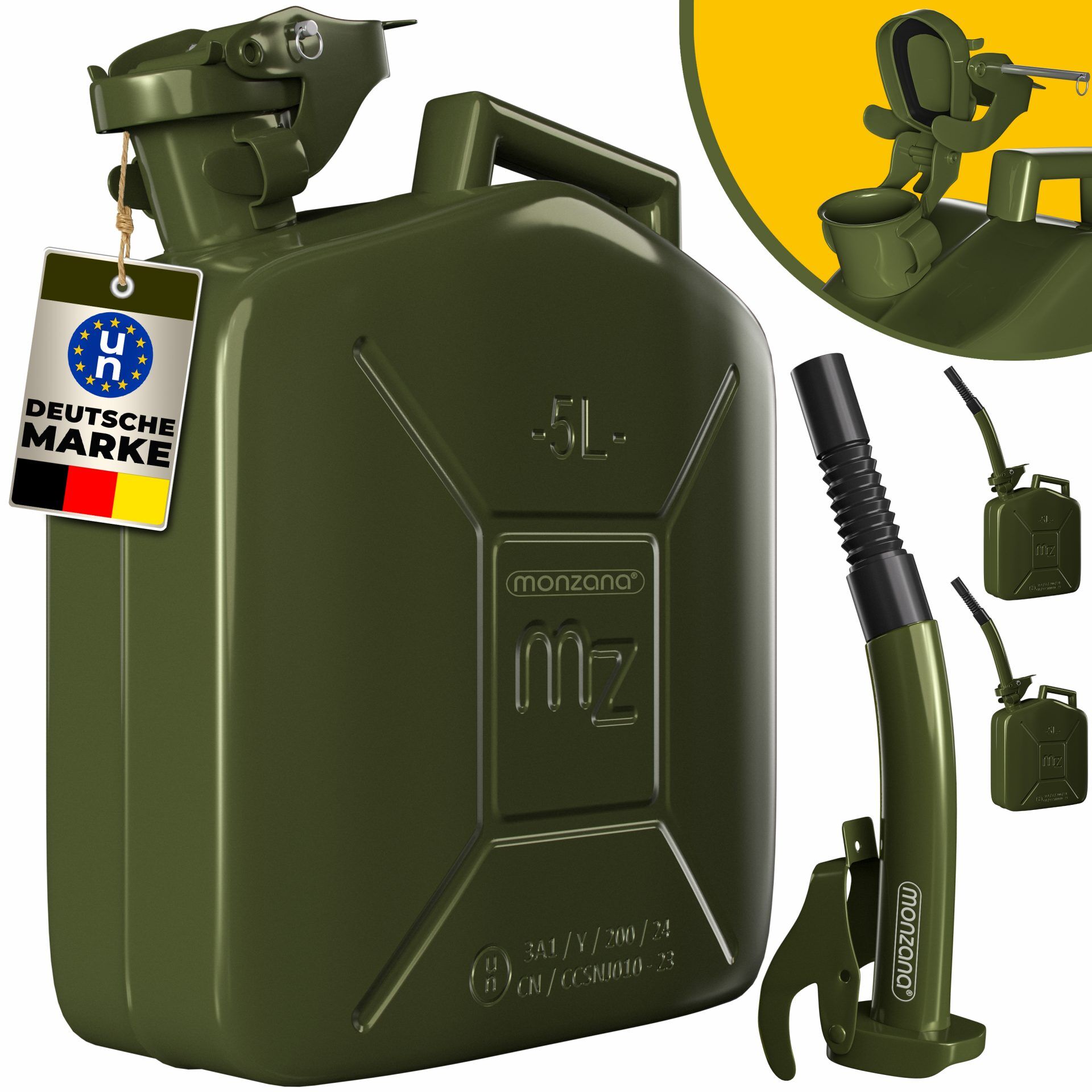 Metallkanister 3er-Set Grün je 5L + Ausgießer