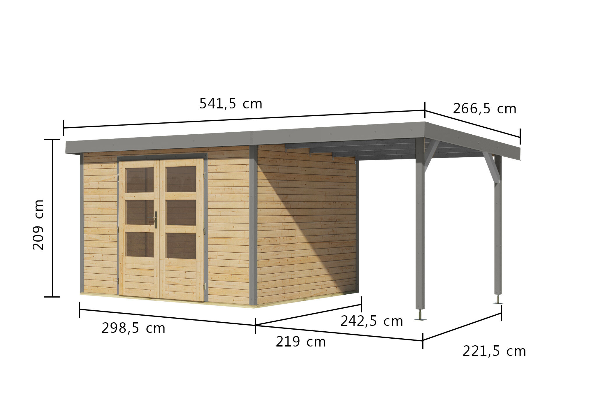 Karibu Pultdach Holz & Metall Gartenhaus Jupiter 5 Set mit Anbaudach 2,35 m, naturbelassen / graualuminium