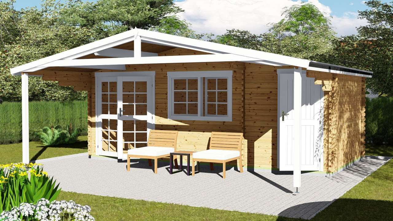 Holz-Blockhaus mit Terrasse und separatem Abstellraum im Garten