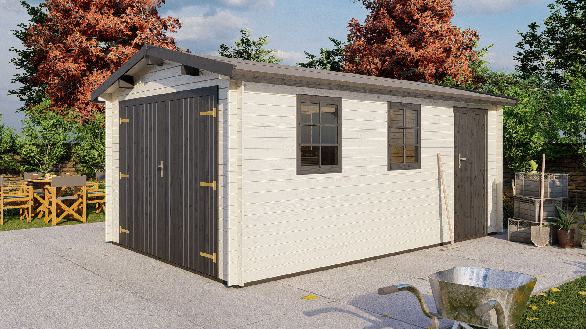 Holzgarage Schweden 41 – 28 mm Blockbohlen Einzelgarage mit Doppeltor
