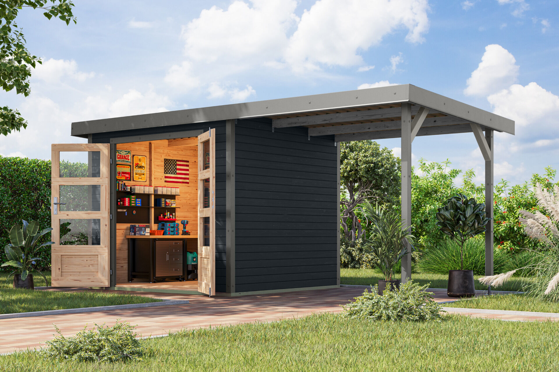 Karibu Pultdach Holz & Metall Gartenhaus Jupiter 3 Set mit Anbaudach 2,35 m, naturbelassen / graualuminium