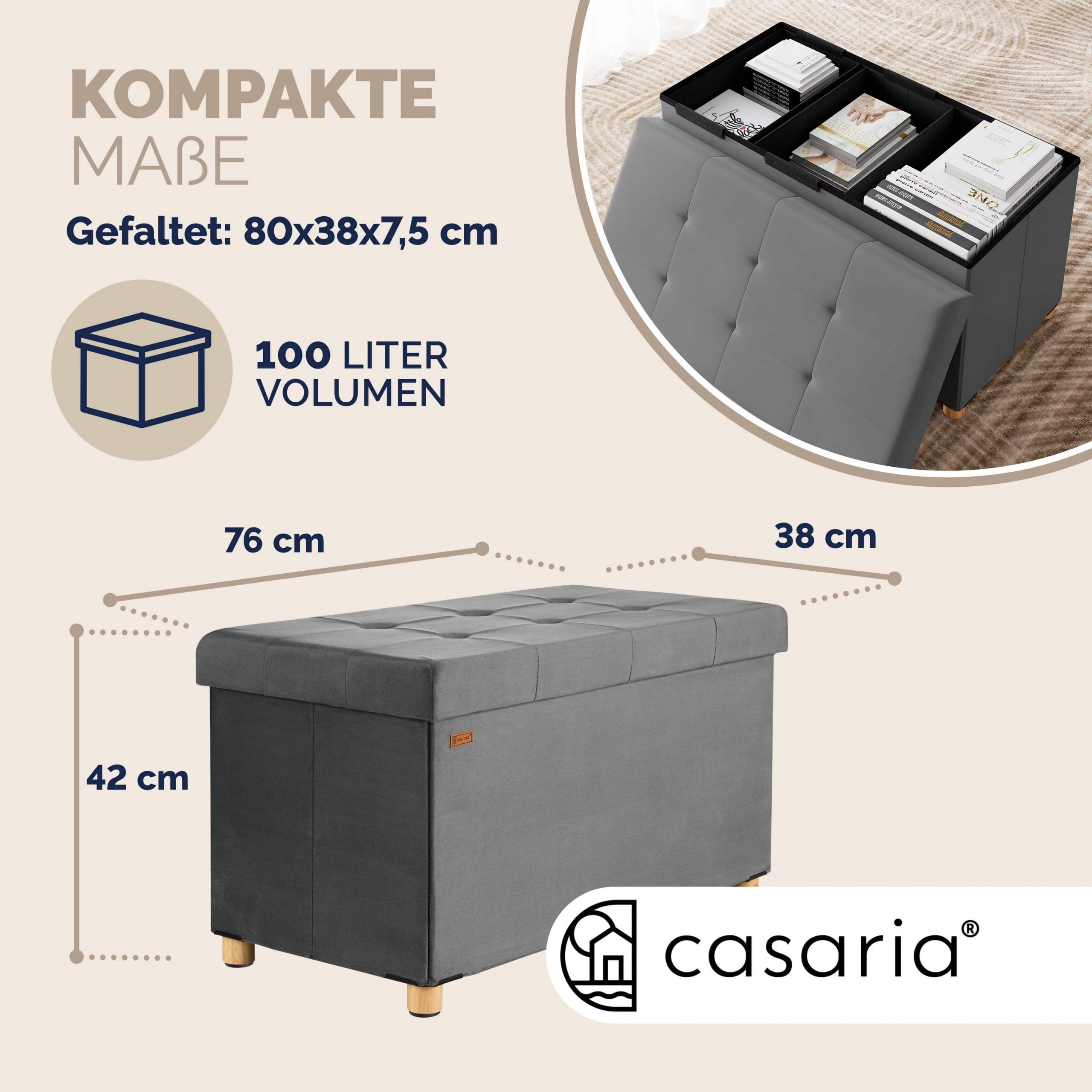 Sitzbank Anthrazit Samt 76x38x42cm mit Stauraum faltbar