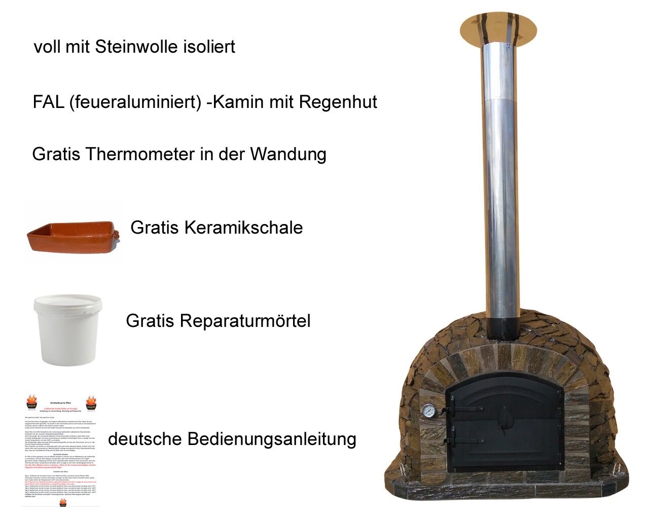 Pizzaofen Lisboa Pietra 100 inkl. Kaminrohr und Regenhut aus Feueraluminium, braun, ohne Abdeckhaube, Pizzaschaufel rund 19cm Holzstiel 1m, ohne Zubehörset, ohne Grillzubehör, ohne fahrbares Gestell