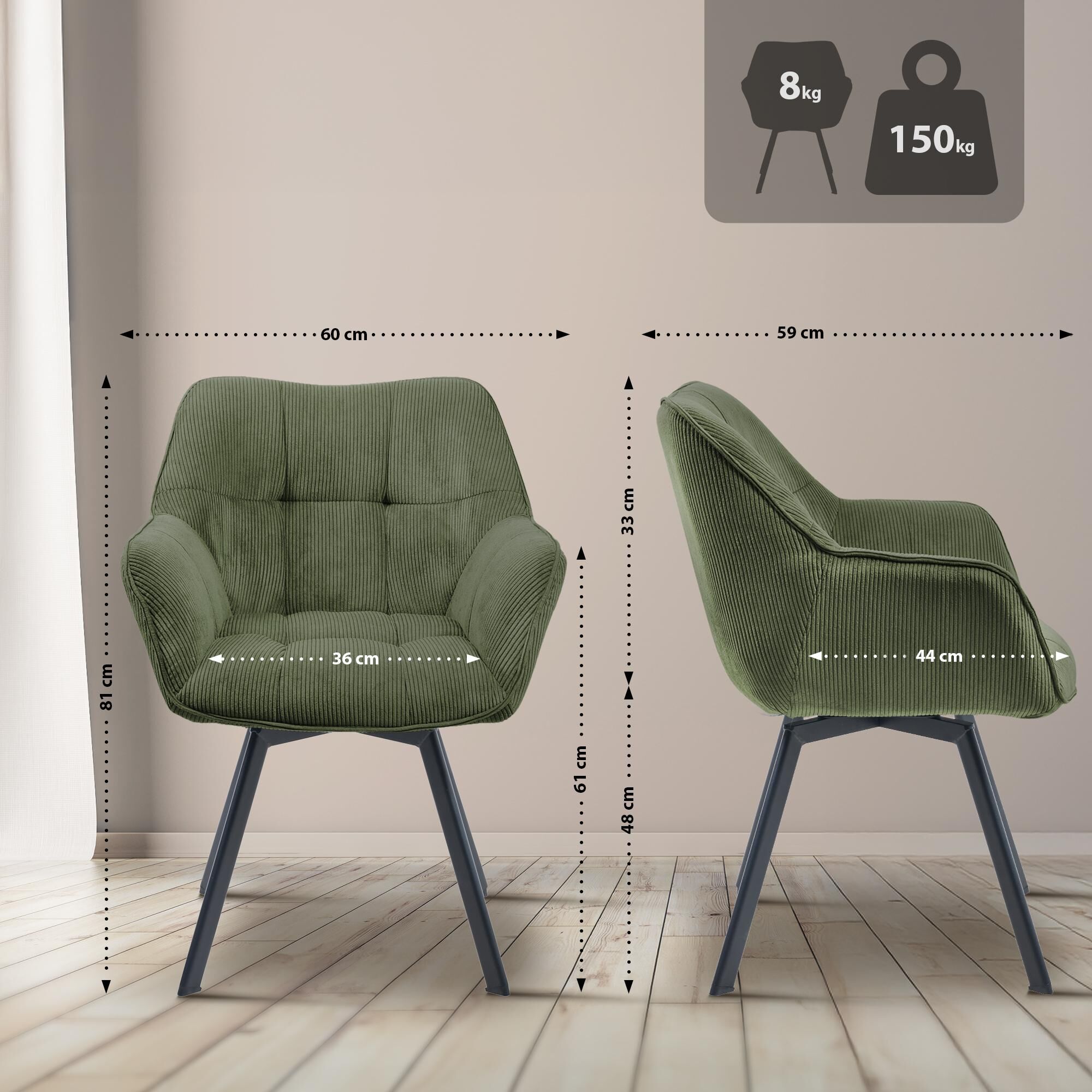 Esszimmerstuhl Jordi Cord, grün