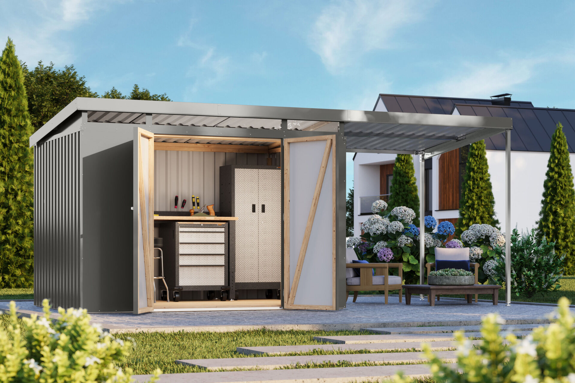 Karibu Pultdach Metall Gartenhaus Iridium 3 Set mit Anbaudach 2m