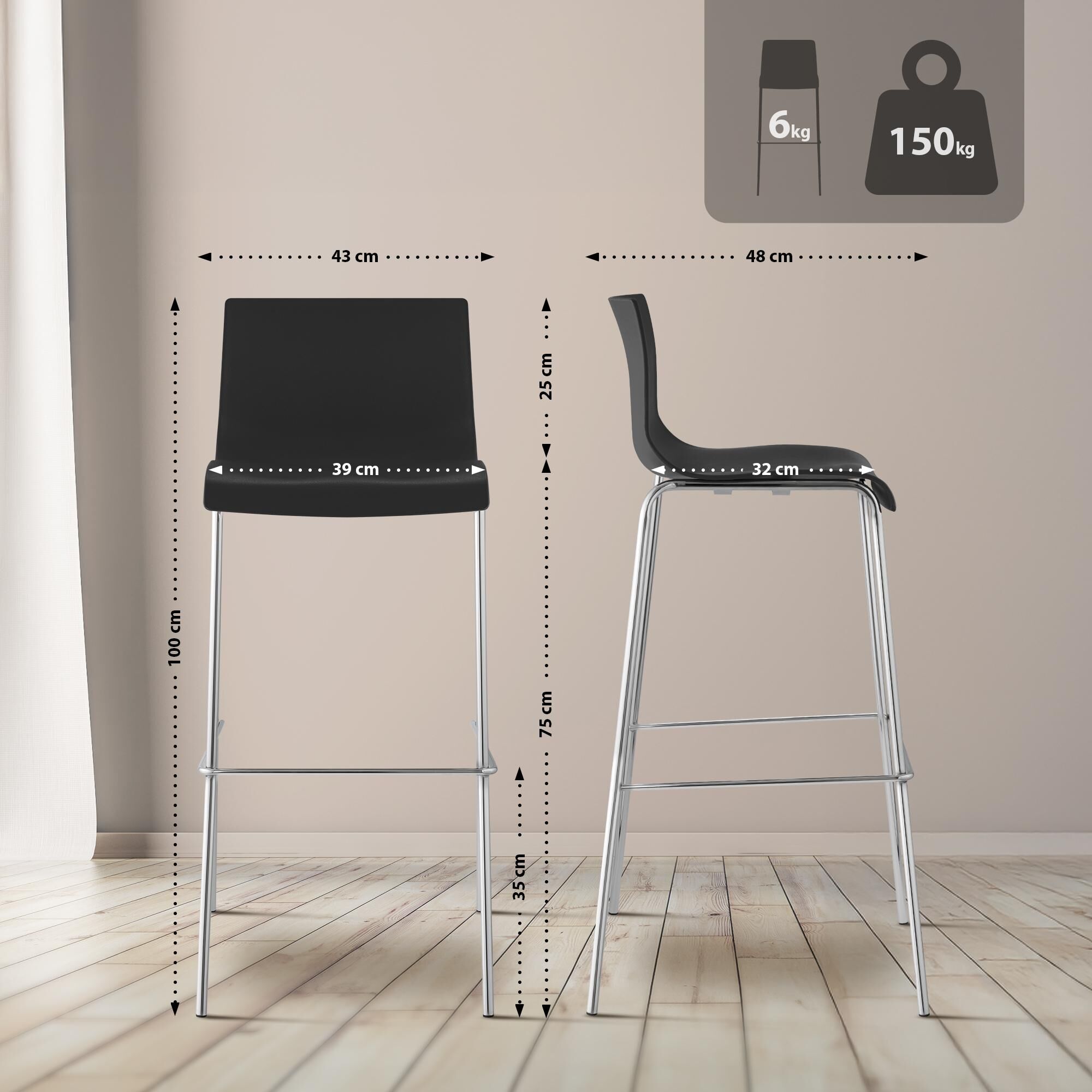 Barhocker Hoover Chrom 4-Fuß Gestell, schwarz