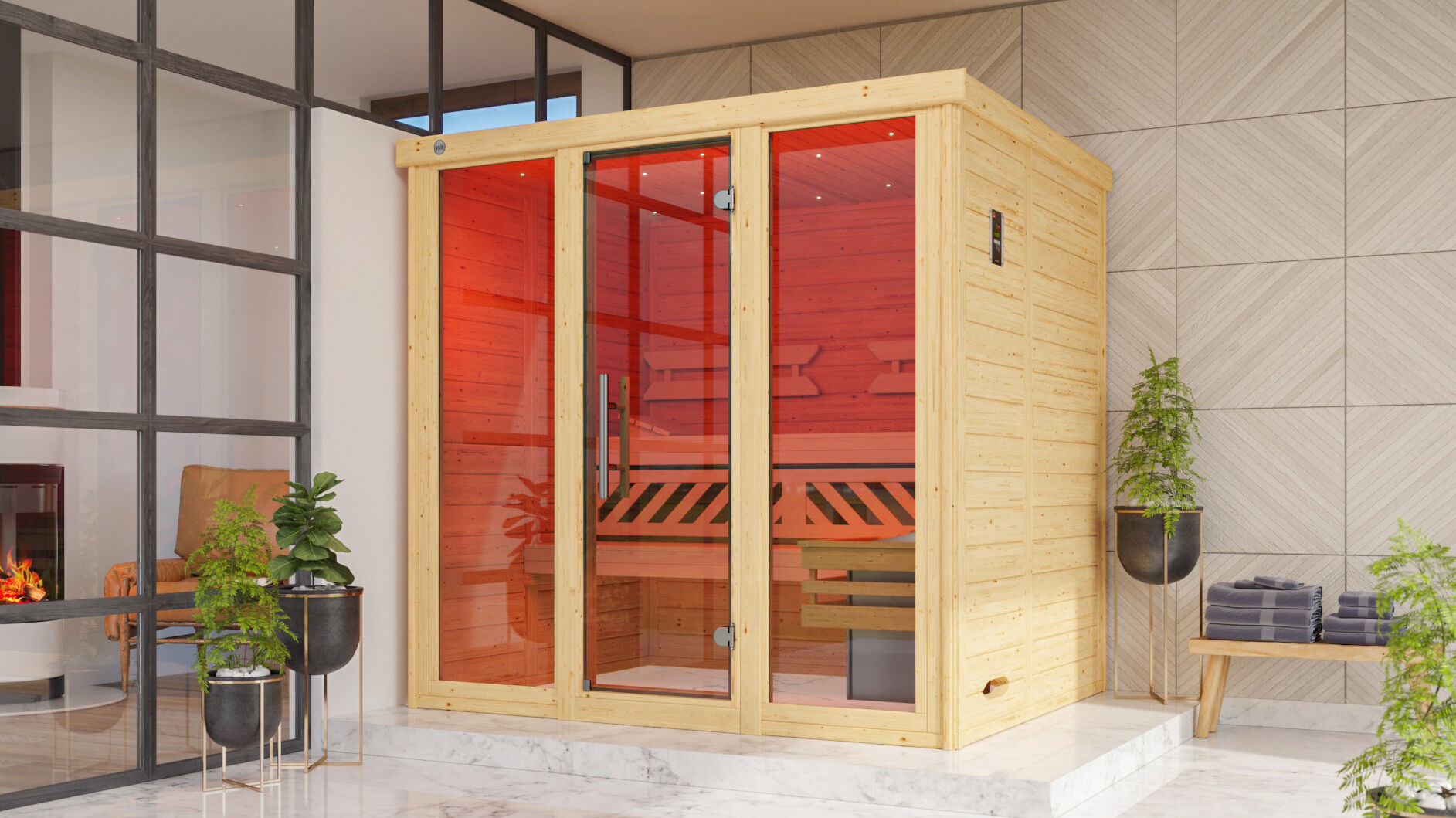 weka Design-Sauna KEMI PANORAMA 2 inkl. 7,5 kW OS-Ofenset