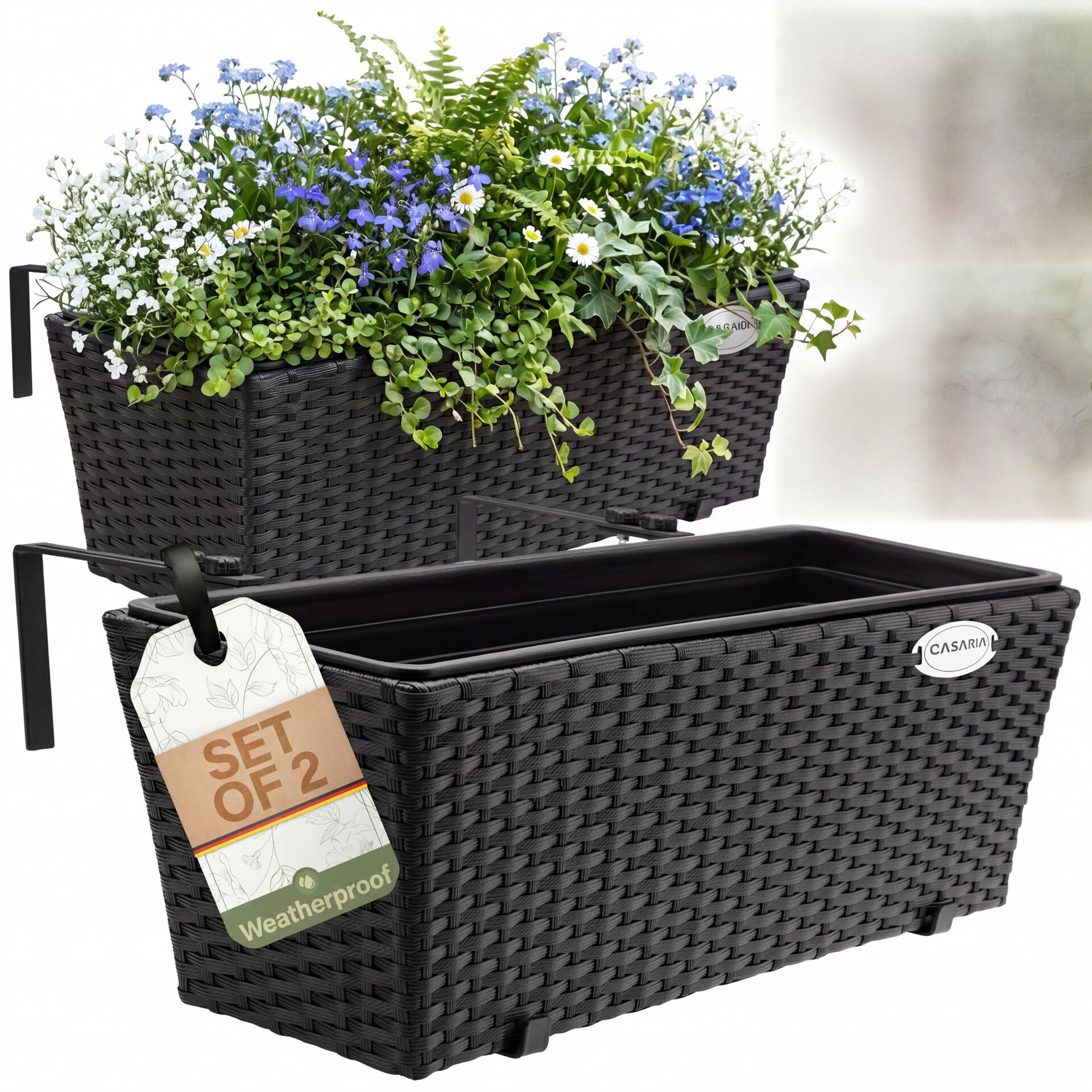 Polyrattan Blumenkasten 2er-Set Schwarz