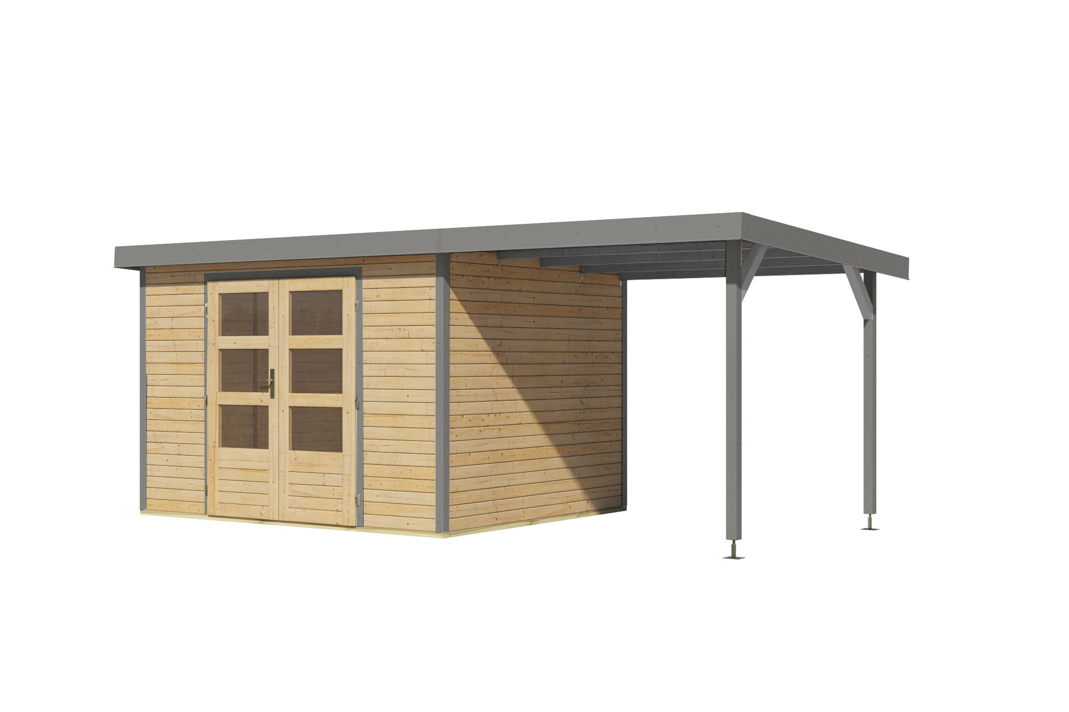Karibu Pultdach Holz & Metall Gartenhaus Jupiter 5 Set mit Anbaudach 2,35 m, naturbelassen / graualuminium