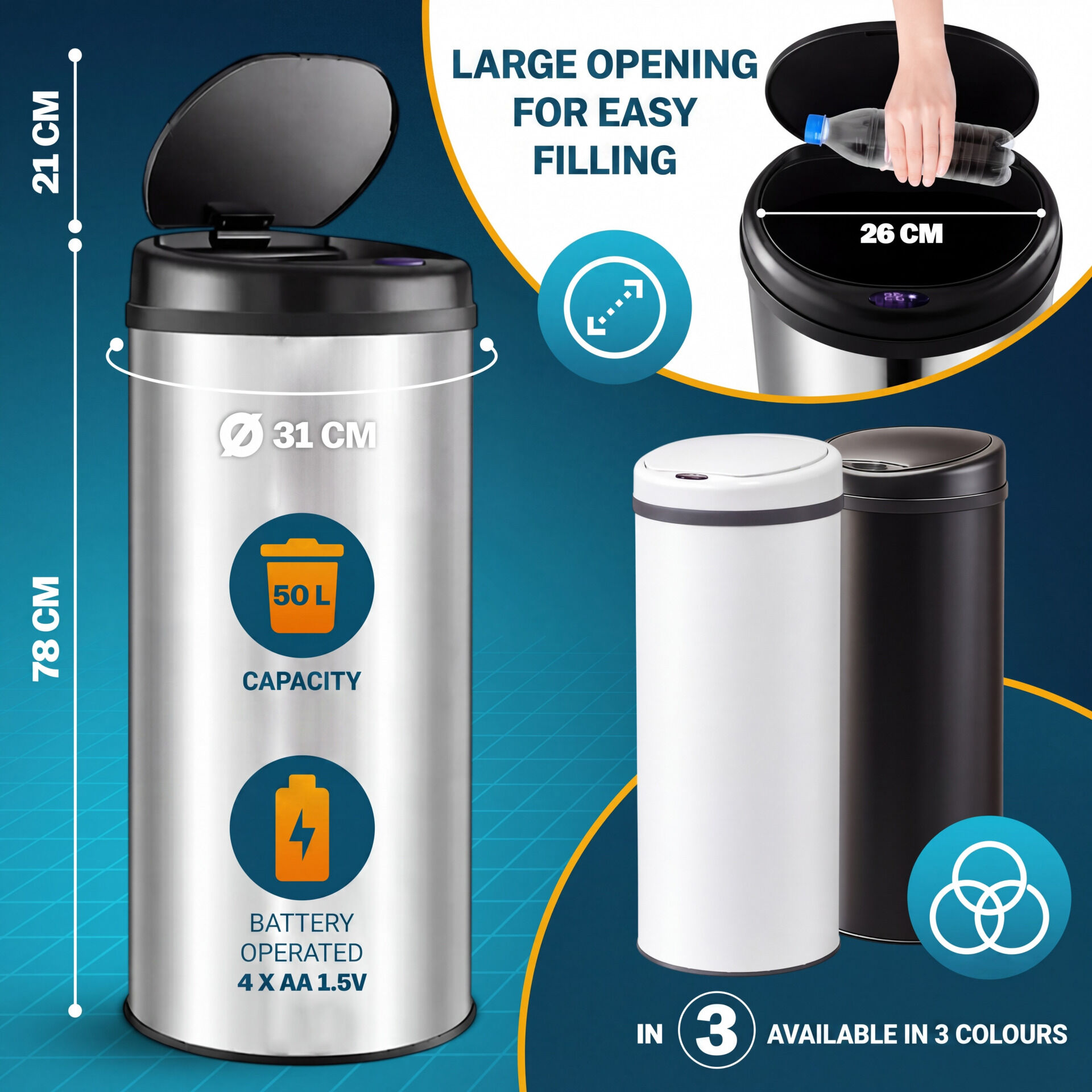 Sensor Mülleimer Schwarz Edelstahl 50L