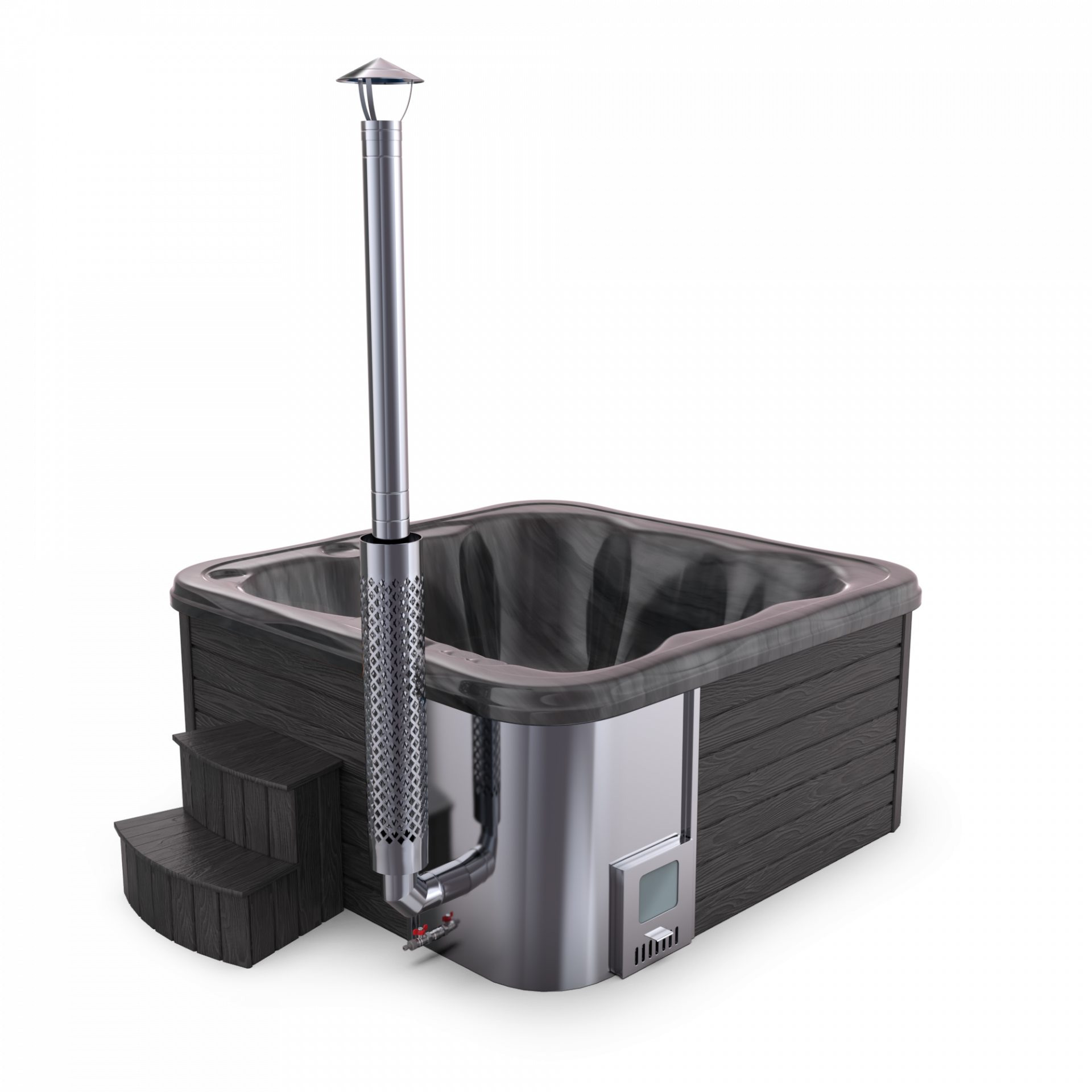 SPANOVA Hot Tub Premium 220 – WPC Whirlpool mit integriertem Holzofen & Acrylwanne, Weiß marmoriert, Holzofen - 35kw V2A