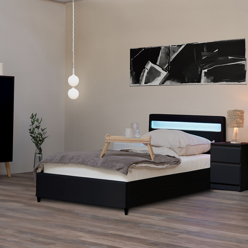 LED Bett mit Schubladen und Matratze NUBE - 90 x 200 cm Schwarz